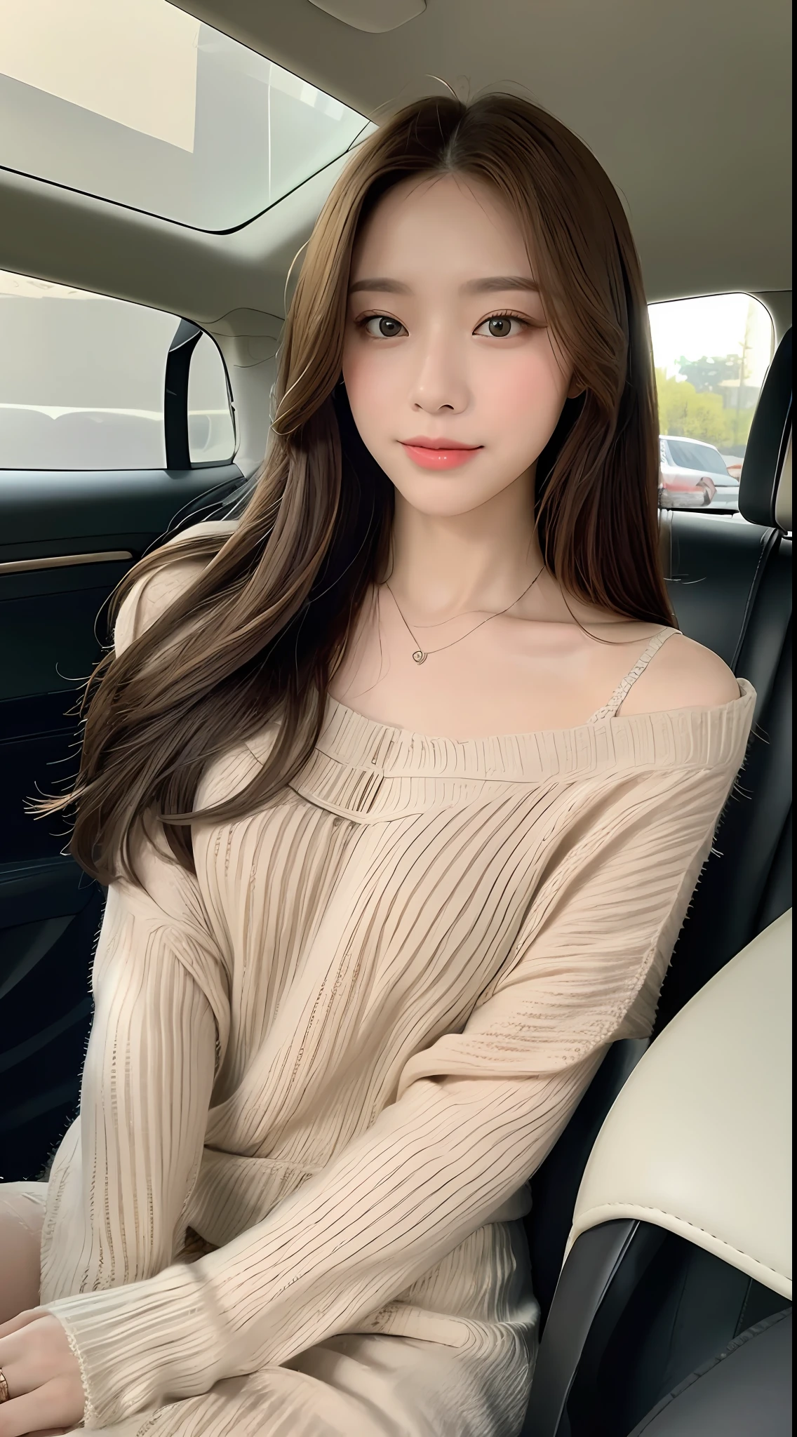 ((Best Quality, 8k, Masterpiece: 1.3)), Focus: 1.2, Perfect Body Beauty: 1.4, Buttocks: 1.2, ((Delicate Hair)), (Sweater Dress: 1.1), (Sports car, street: 1.2), Highly detailed face and skin texture, Fine eyes, Double eyelids, Whitened skin, Smile, Wearing necklace, ring, person sitting inside a car.