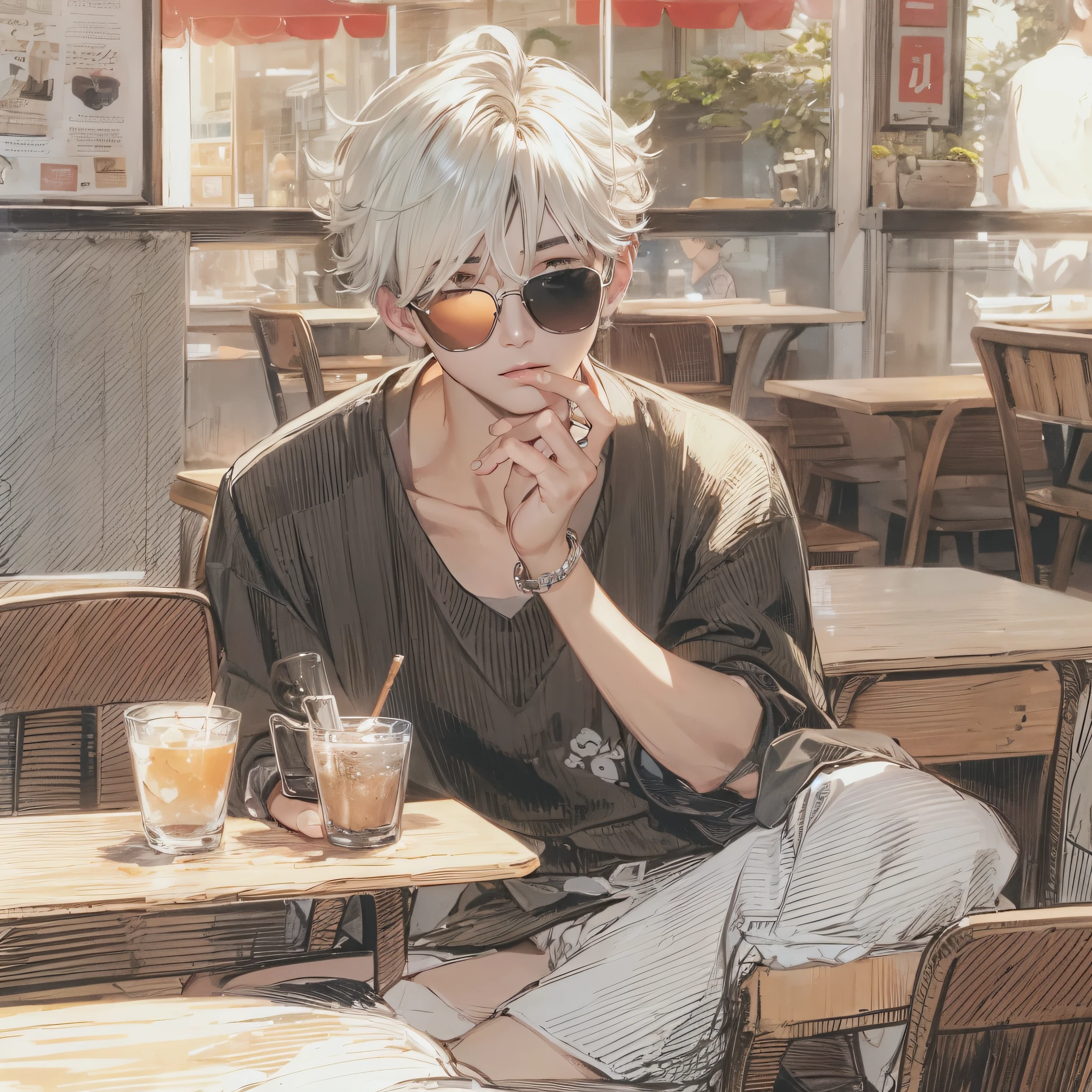 Young man wearing sunglasses、japanes、The frame is square、Super beautiful、Rich in color、Being in a café、Sitting in a seat、Wearing summery clothes、short-haired、with light glowing、twinks、Adonis、Beautie、Perfect facial features、Illustration、