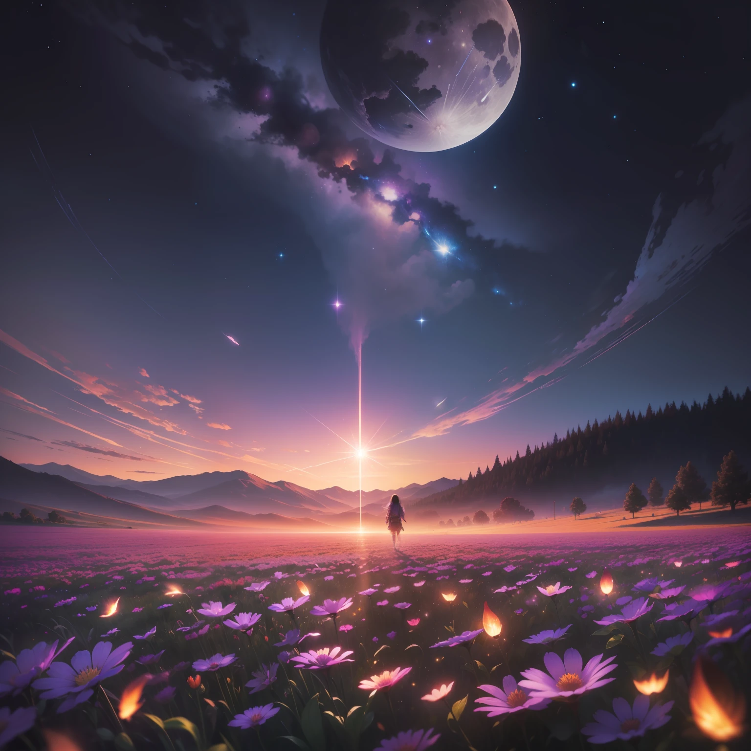 expansive landscape photograph , (a view from below that shows sky above and open field below), a girl standing on flower field looking up, (full moon:1.2), ( shooting stars:0.9), (nebula:1.3), distant mountain, tree BREAK
production art, (warm light source:1.2), (Firefly:1.2), lamp, lot of purple and orange, intricate details, volumetric lighting BREAK
(masterpiece:1.2), (best quality), 4k, ultra-detailed, (dynamic composition:1.4), highly detailed, colorful details,( iridescent colors:1.2), (glowing lighting, atmospheric lighting), dreamy, magical, (solo:1.2)