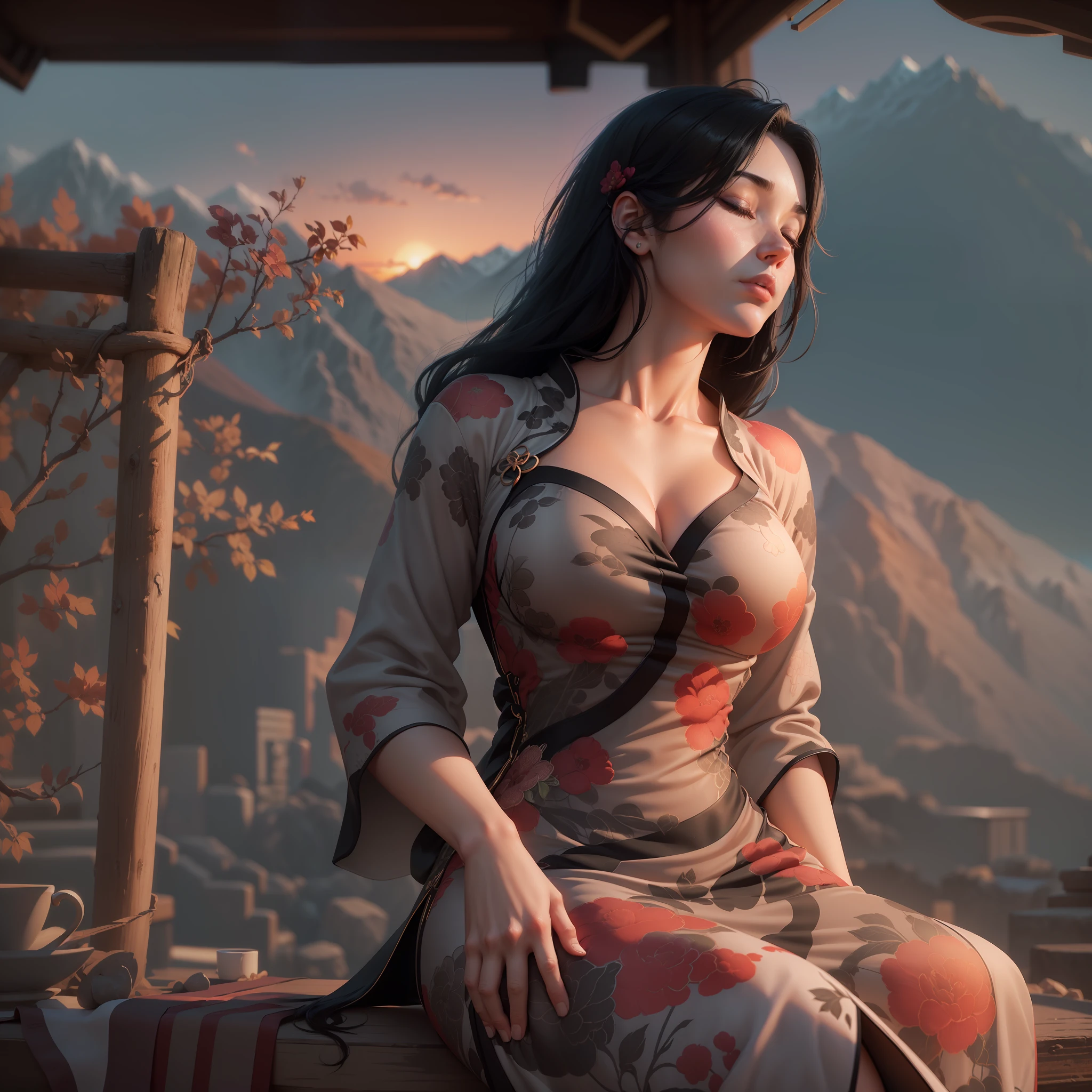(( 1 woman sleeping )),(mountain), Realistic, Best Quality, (((wearing qipao))))), (big breasts: 1.7), ((sunset)), dynamic lighting, intricately , volumetric lighting, trending on Artstation, warm colors, ambient occlusion, 8K resolution, depth of field, ((Unreal Engine 5: 1.2)), ((master piece: 1.6)), (((perfect anatomy: 1.7))), ((detailed face: 1.7)), (((black long hair)))