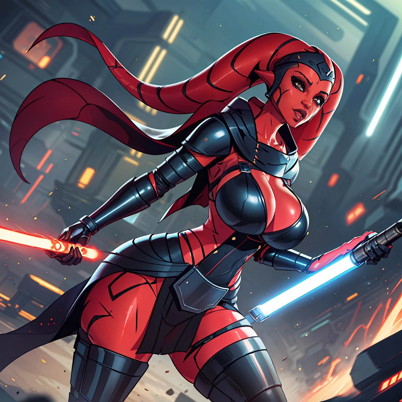 action scene, lightsaber fighting, lasers, explosions, fire, motion lines, depth of field, masterpiece, best quality, high-definition, armor, busty, ((red skin), twi'lek), dual red lightsabers, evil space knight, space ninja, (wearing black robes, black stealth armor, breastplate, tunic, tabard, cowl, cloak, body glove, straps, buckles, skirts, long sleeves, fantasy, ((armor))), ((busty), slender body, thin, slim sexy body, slim waist, (((huge breasts, gigantic breasts)))), Imperial starship, Star Wars,