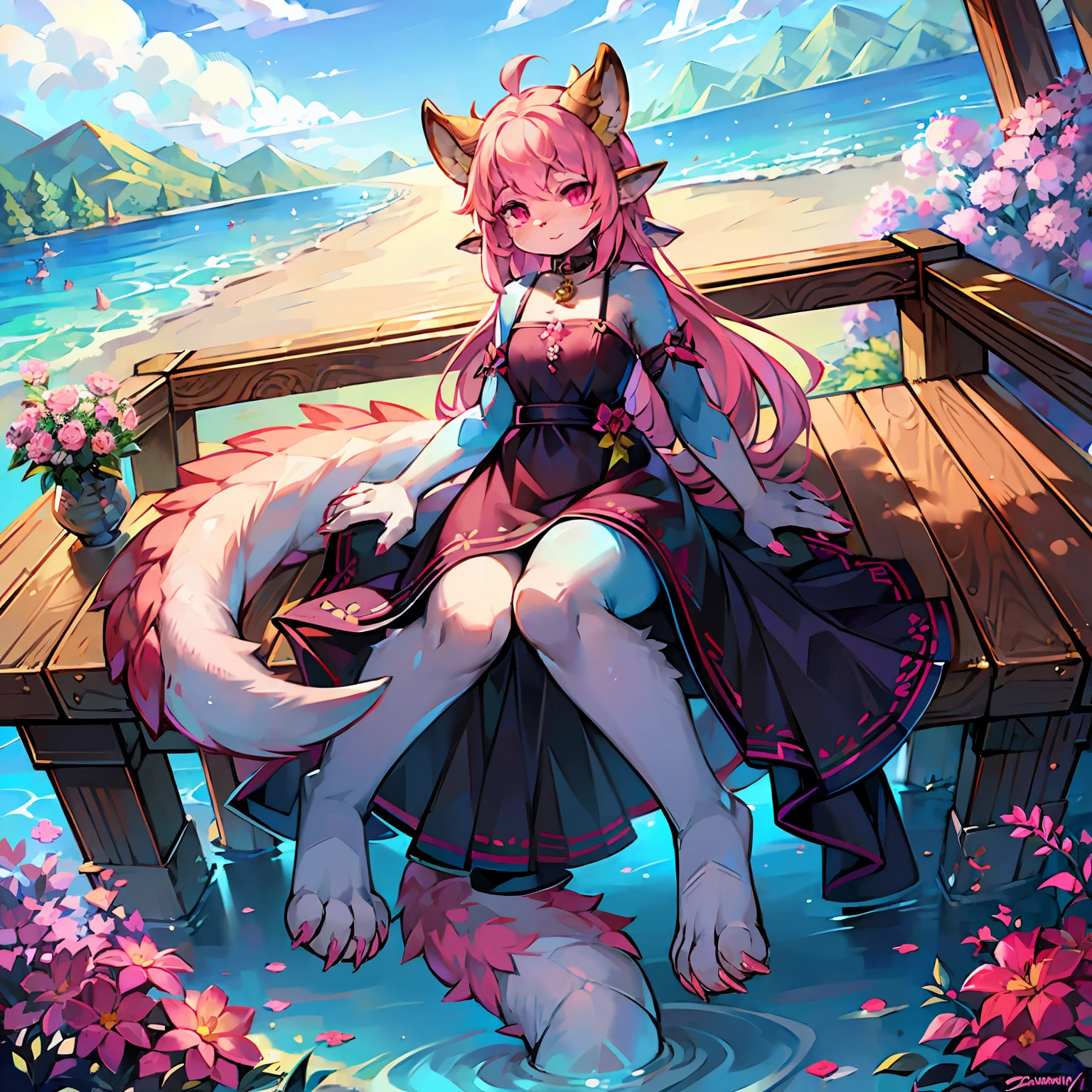 Cat ears,hairy pubic,Dragon's horn、dragon claw,Long tail,Fishtail,Bird wings,adolable,Cubs,Blue body,Collar,Sunnyday,Pink eyes,Pink claws,whair,lake,florals,furry,shift dresses。