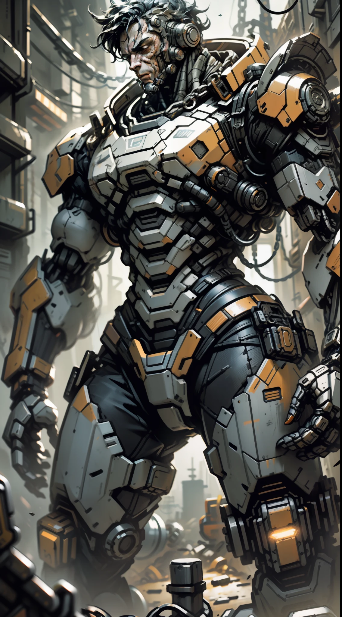 Dark_Fantasy,Cyberpunk,(chain saw,chain saw man,Red:1.1),1man,Mechanical marvel,Robotic presence,Cybernetic guardian, wearing a worn-out mech suit, intricate, (steel metal [rusty]), elegant, clear focus, shot by greg rutkowski, soft lighting, vibrant colors, masterpiece, ((street)), cowboy shot, dynamic pose,