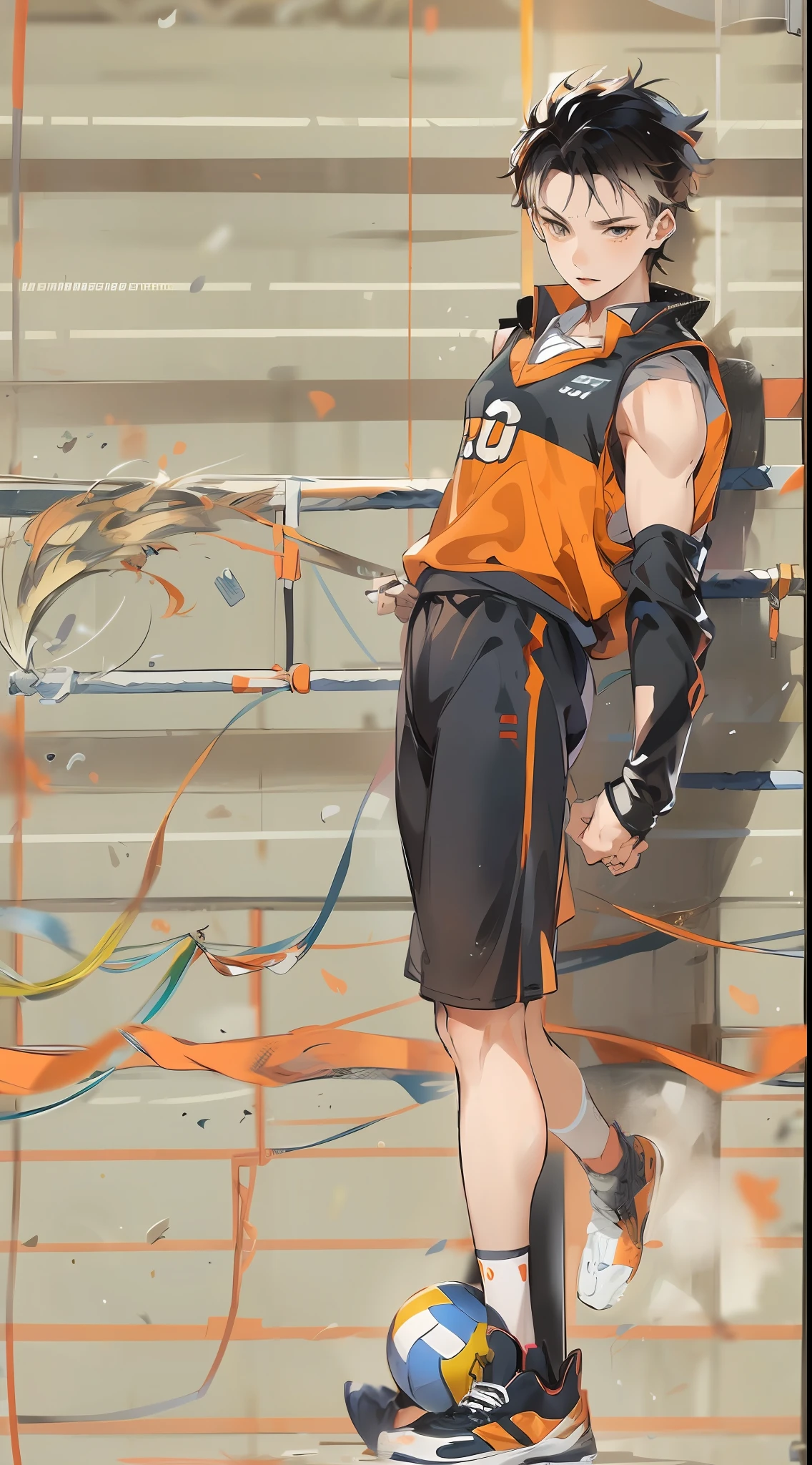 Nishinoya Yu ,独奏,1boys,tmasterpiece,best qualityer,((1人))。((Older),Haihisa!!nishinoya_Yuu high resolution,Ball black_hair (blonde_hair) brown_eyes clothes_writing,Feather footprints karasuno_volleyball_uniform male_focus multicolored_hair orange_shirt parted_lips playing_Sports shirt short_Hair solo (streaked_hair) Sweat two tones_hair upper_Body volleyball (volleyball_uniform) (volleyball field)