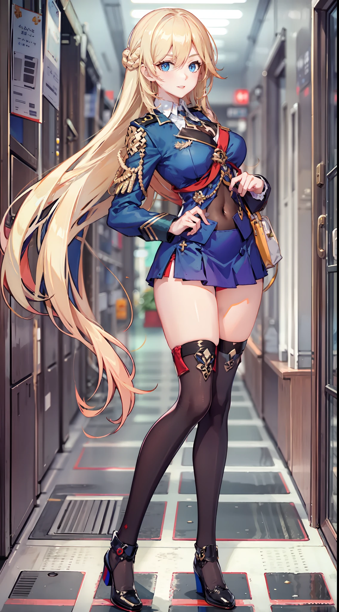 slim legs, cleavage, short skirt, navel, blue eyes, red soldier uniform, thigh high socks, stand, blonde hair, long hair, short skirt, durandal, happy, hallway