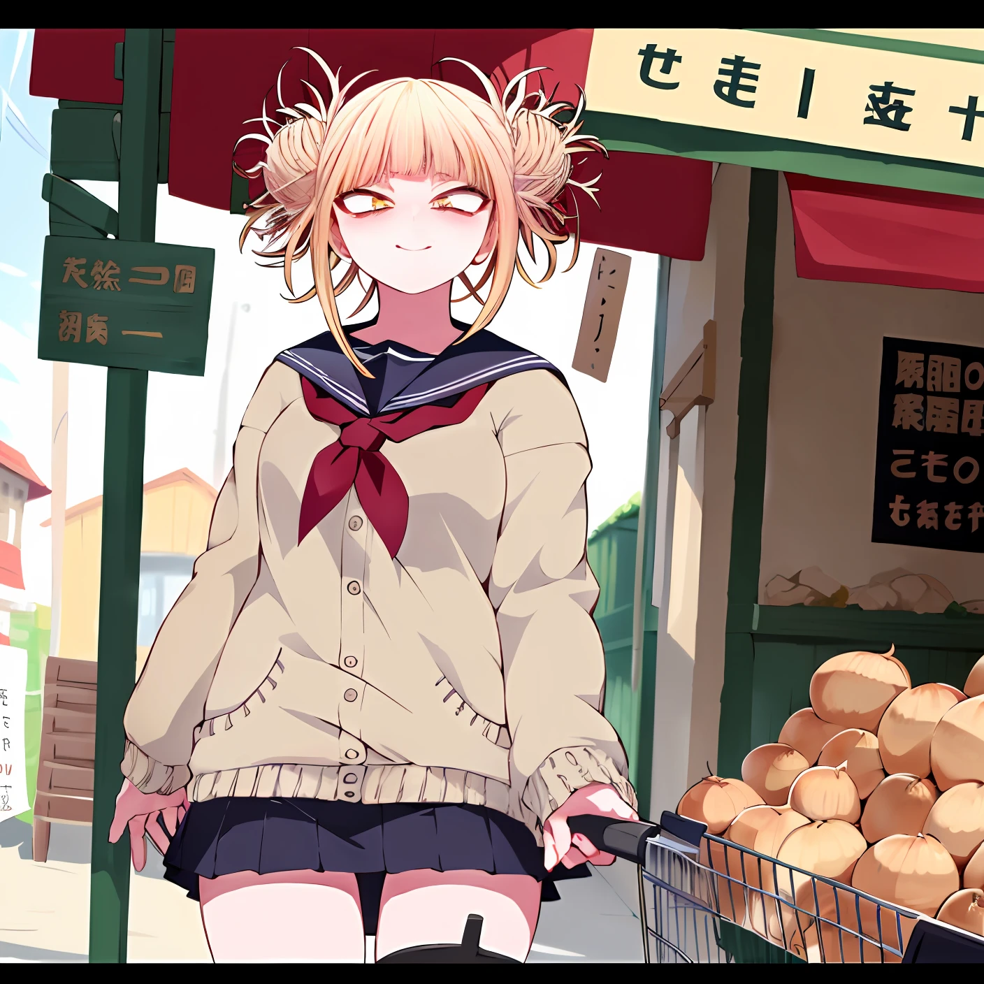 Masterpiece, best quality, 1girl, detailed face, toga himiko, yellow eyes, light from behind, super detailed, grocery store, cinematic lightning, happy, (close-up), looking at viewer