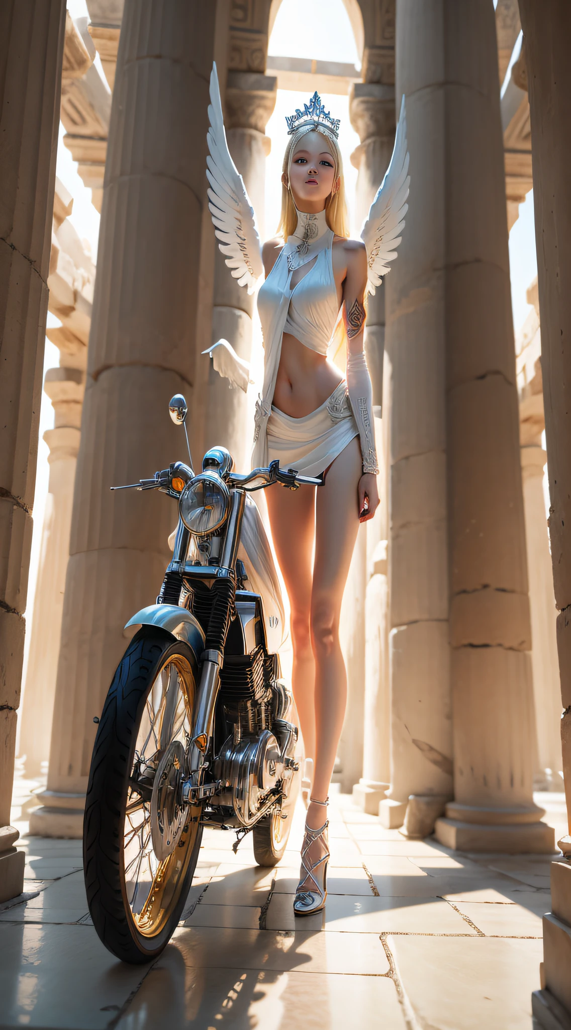 In ancient Greek temples，Beautiful angel riding motorbike in Greece，Long legs，white  clothes，Wearing large wings，largeeyes，Blonde hair，show legs，Bare shoulders，There are large tattoos，A futuristic masterpiece，4K，hyper HD，realisticlying