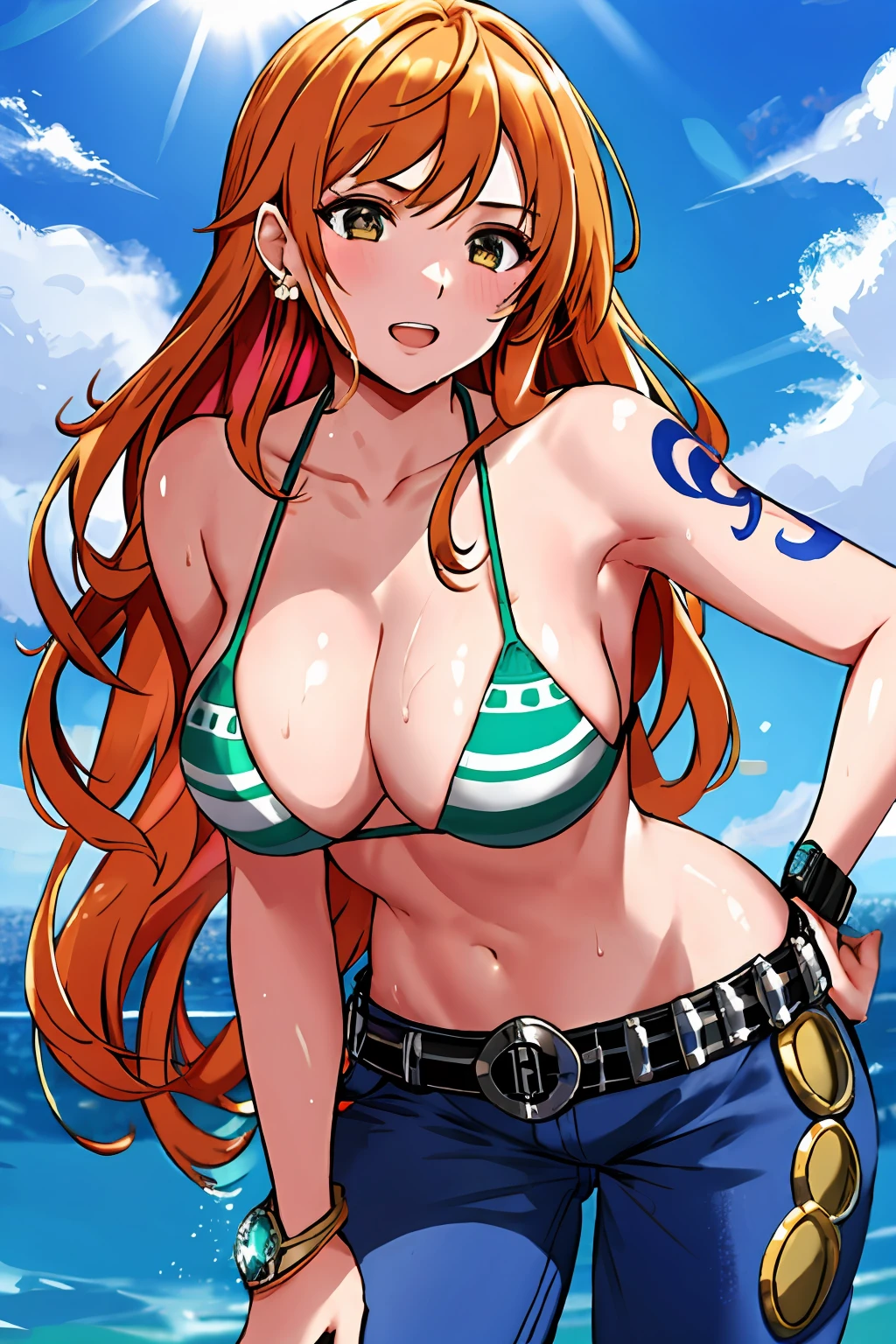 detailed background, masterpiece, 4k, best quality, late youth, adult, wrestler body, 1girl, active, energic, uppercut, (large mouth) , solo, nami \(one piece\), 1girl, bangle, (very wet, drenched in sweat, sweat all over body, very wet hair, tired, taking breath, open mouth, hand on stomach, sweaty face, sweaty body, panting, sweating too much, shiny sweat, sweat stains, leaning, tilting, hands on knees), perfect detailed face, bold drawing lines, muscular arms, detailed bold arm lines, flat jaw, adult woman, wavy wide streaked bangs, floating bang streaks, (big cheeks), bare shoulders, off-shoulders, belt, bikini, bikini top only, blue sky, bracelet, springy breasts, breast lines, big round eyes, plain big brown shiny eyes, bubbles, high eye position, cleavage, cloud, day, denim, earrings, floating hair, shiny hair, green belt, green bikini, bold groin lines, jeans, jewelry, large breasts, log pose, long hair, looking at viewer, navel, wet hair, orange hair, pants, shoulder tattoo, sidelocks, sky, solo, standing, stomach, swimsuit, tattoo , looking at viewer, open mouth, detailed left arm, big forehead, hourglass figure, small head, toned body, wide hair, wind effect, sun effect, under the sun, narrow small ears angle, older, random poses,