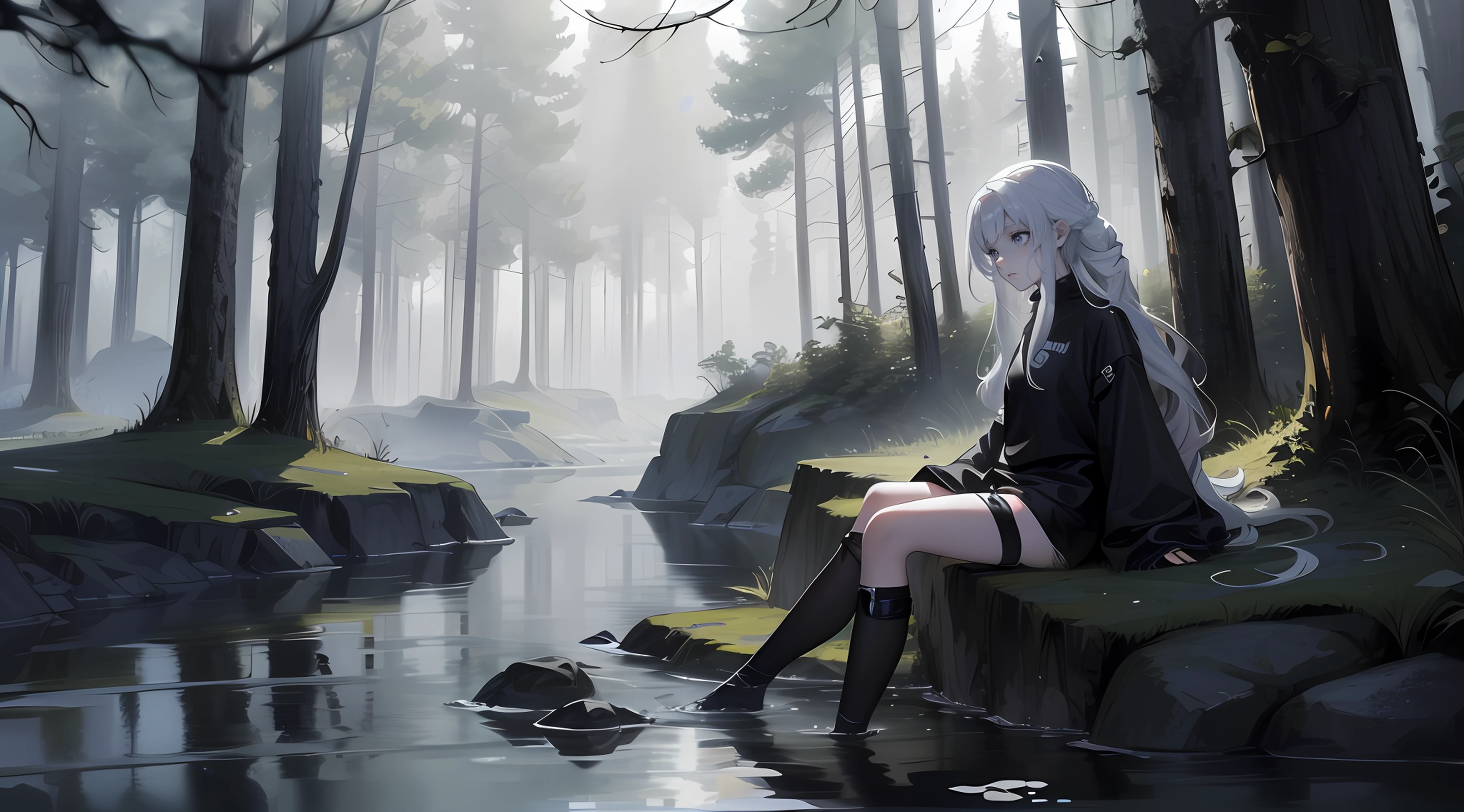 Girl has white long wavy hair flowing in the air while she's sitting on a rock in a river looking sad, she wears black turtleneck. a DARK ATMOSPHERE. Depressed river FULL OF TREES, gloomy atmosphere, fix the face, draw the sad face
