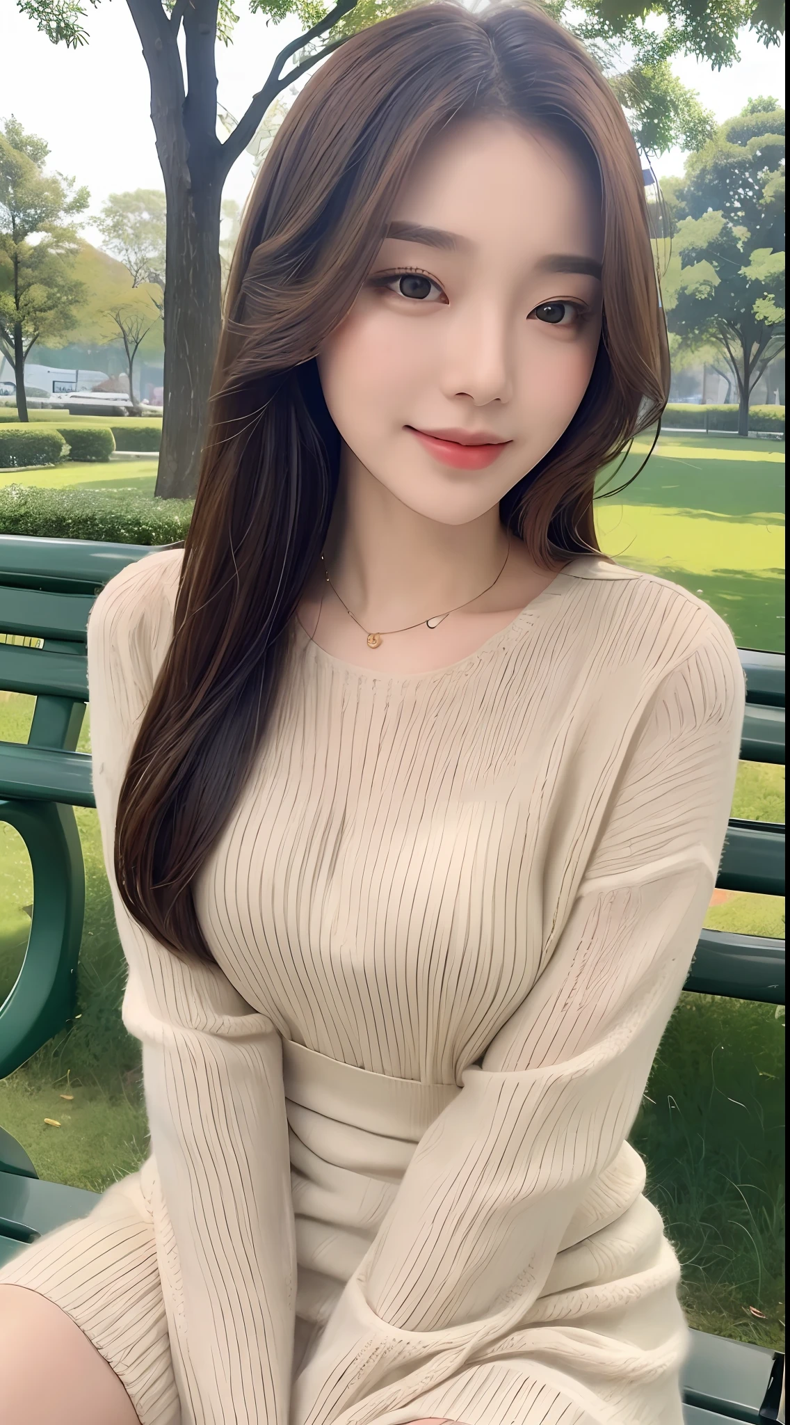 ((Best Quality, 8k, Masterpiece: 1.3)), Focus: 1.2, Perfect Body Beauty: 1.4, Buttocks: 1.2, ((Delicate Hair)), (Sweater Dress: 1.1), (park: 1.2), Highly detailed face and skin texture, Fine eyes, Double eyelids, Whitened skin, Smile, Wearing necklace, ring, person sit on a park bench.