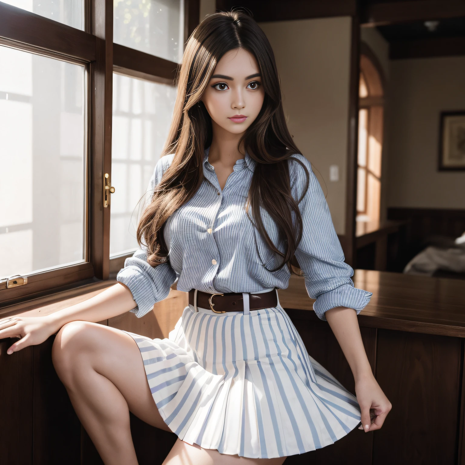 Growon skin,(masutepiece),((Ultra-detailed)), (High Definition CG Illustration), (Best Quality:1.2),realistic8K UHD, High Definition,(1girl in:1.2),high quality texture, Intricate details, Detailed texture, high detailing, extremely details CG, high quality shadow, realistic representation of face, Detailed beautiful delicate face, Detailed beautiful delicate eyes, brown eye pupil, A perfectly proportioned face, depth of fields, Cinematic Light, Lens Flare, Ray tracing,Perspective,20s, a prominent nose, Slender face, Tall Girl, (Big eyes:1.2),blush,Glossy lips, Perfect body, lean body, Particles of light,(Narrow waist:1.3), medium breasts, Distinct_image, high_resolution, (Lustrous skin), Solo Focus, (Brown hair), (finely detailed beautiful eyes and detailed face),(Detailed face), light source contrast, Loose and fluffy curls Long hair, ((Eu_Smile)), (pureerosface_v1:0.5) , (ulzzang -6500-v1.1:0.5), striped shirt, White pleated skirt, high heeled shoes