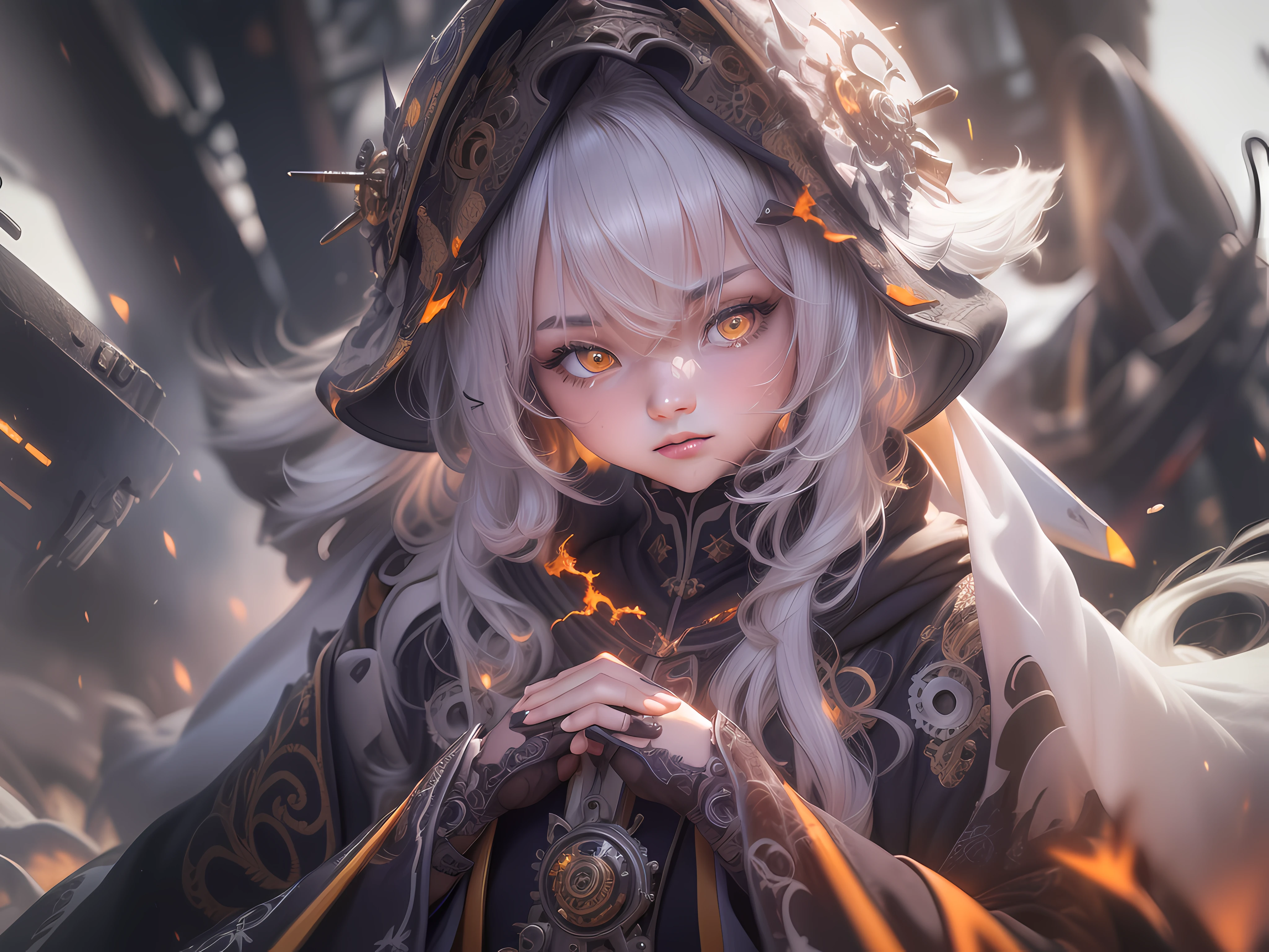 (1 japan girl, ember color fox ear, short silver hair, 15 year old (small breasts:1.3), (small head), pale skin, ((platinum hair color)), wearing cloth, wearing cloak with gears (long robes, magical robes, technical wearing). dark church background, mechanism gears, industry technology, automaton, electric sparks cinematic atmosphere. ((amber eyes high quality, high quality face)), (extremely intricate robes, magical robes), Dynamic action poses in battle scenes, very complex and casting black flame, swirling fire, radiating power, smoke, magic black flame ((dramatic)), bokeh, gothic, ember particles, skulls and lit candles red glow, shadows, low camera angle, (detailed eyes:1.3), (detailed face:1.3), (perfect hands:1.3). realistic shadows, ultra detailed high resolution, sharp focus, depth of field, (Masterpiece:1.2) (photorealistic:1.2) (best quality) (intricate details) (High Poly) (Raytracing), (neutral colors:1.2), (hdr:1.4), (muted colors:1.2), hyperdetailed, (artstation:1.4), cinematic, cold lights, dramatic light, (intricate details:1.1), (teal and orange:0.4)", detailed background, (steam-punk theme:1.1) determined expression, floating lights.