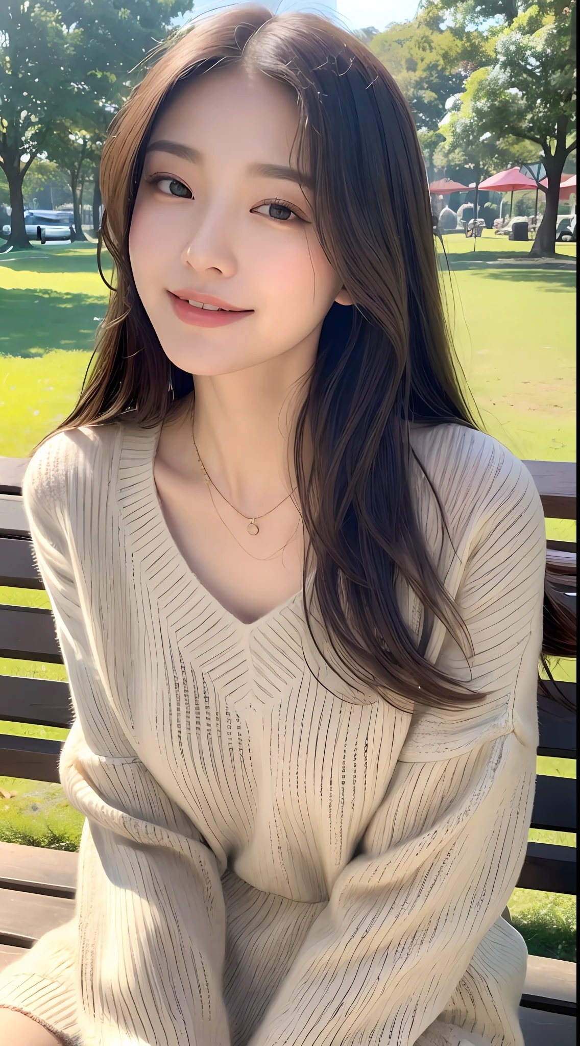 ((Best Quality, 8k, Masterpiece: 1.3)), Focus: 1.2, Perfect Body Beauty: 1.4, Buttocks: 1.2, ((Delicate Hair)), (Sweater Dress: 1.1), (park: 1.2), Highly detailed face and skin texture, Fine eyes, Double eyelids, Whitened skin, Smile, Wearing necklace, ring, person sit on a park bench.