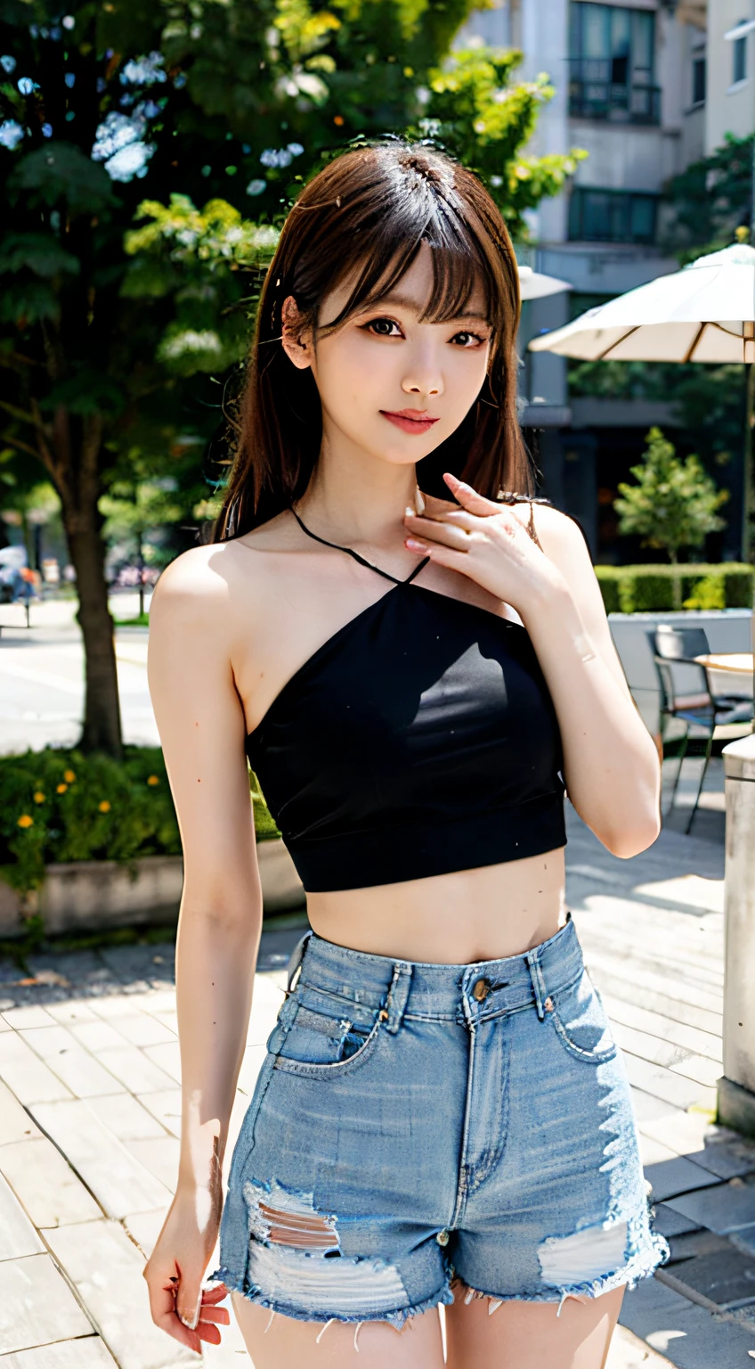 top-quality、女の子 1 a person、middlebreasts、tag、with light glowing、blur backgroun、bokeh dof、Open Cafe、A slender、natural make up、(a person々、Large crowds:1)、Tight sticky ivory-colored crop top and denim shorts、（damage jeans：1.2）、(A slender:1.2)、a gorgeous、Wavy shoulder-length hair、Forehead:1.4)、Sareme、Beautiful sky with details、耳Nipple Ring、 (above knee:1.2)、Soft lighting、the wind、glowy skin、((Thin leg))、ultra-sharp、