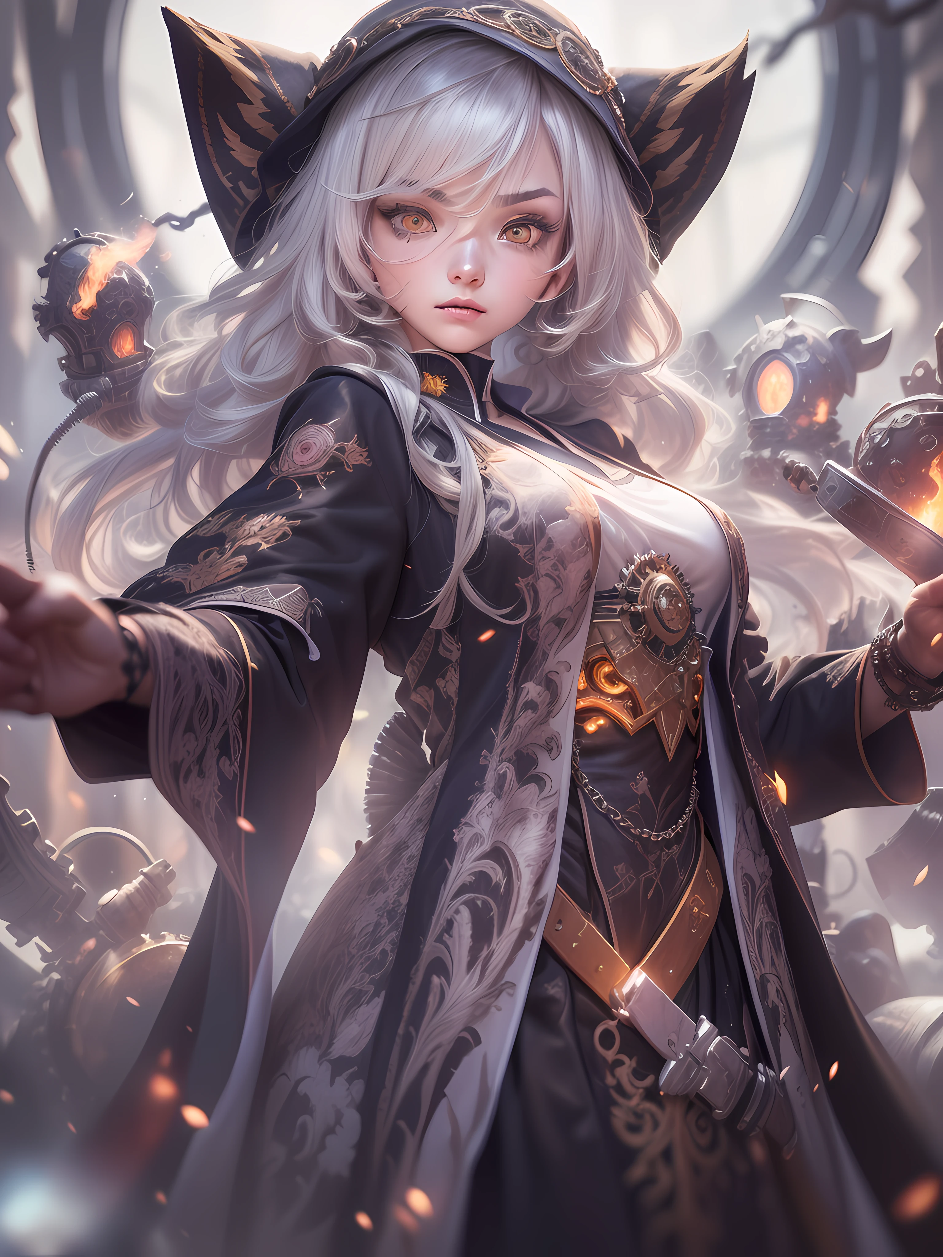 (1 japan girl, ember color fox ear, short silver hair, 15 year old (small breasts:1.3), (small head), pale skin, ((platinum hair color)), wearing cloth, wearing black cloak with gears (long robes, magical robes, technical wearing). dark church background, mechanism gears, industry technology, automaton, electric sparks cinematic atmosphere. ((amber eyes high quality, high quality face)), (extremely intricate robes, magical robes), Dynamic action poses in battle scenes, very complex and casting black flame, swirling fire, radiating power, smoke, magic black flame ((dramatic)), bokeh, gothic, ember particles, skulls and lit candles red glow, shadows, low camera angle, (detailed eyes:1.3), (detailed face:1.3), (perfect hands:1.3). realistic shadows, ultra detailed high resolution, sharp focus, depth of field, (Masterpiece:1.2) (photorealistic:1.2) (best quality) (intricate details) (High Poly) (Raytracing), (neutral colors:1.2), (hdr:1.4), (muted colors:1.2), hyperdetailed, (artstation:1.4), cinematic, cold lights, dramatic light, (intricate details:1.1), (teal and orange:0.4)", detailed background, (steam-punk theme:1.1) determined expression, floating lights.