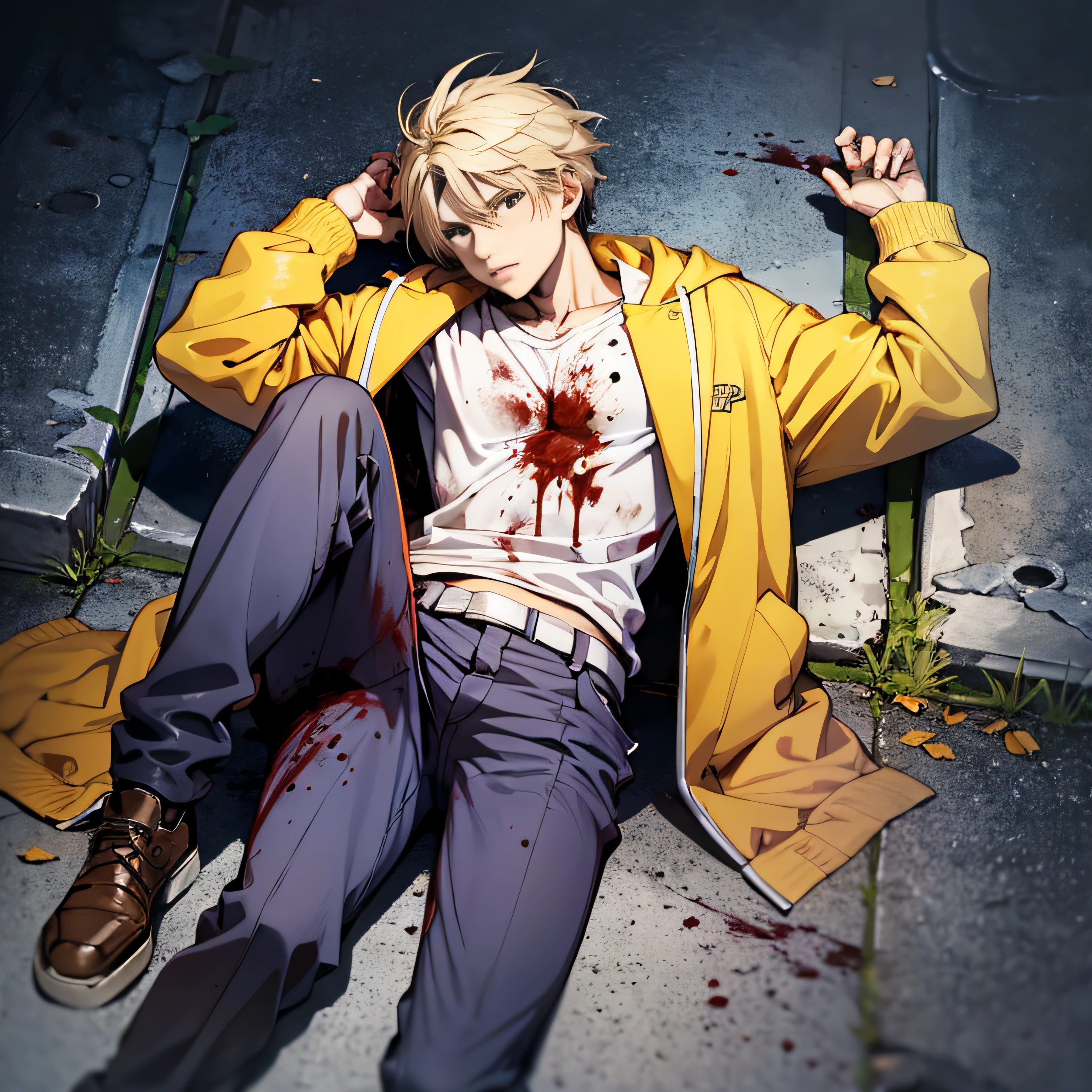 Anime male student，Orange jacket，lies on the ground，A pool of blood on the ground