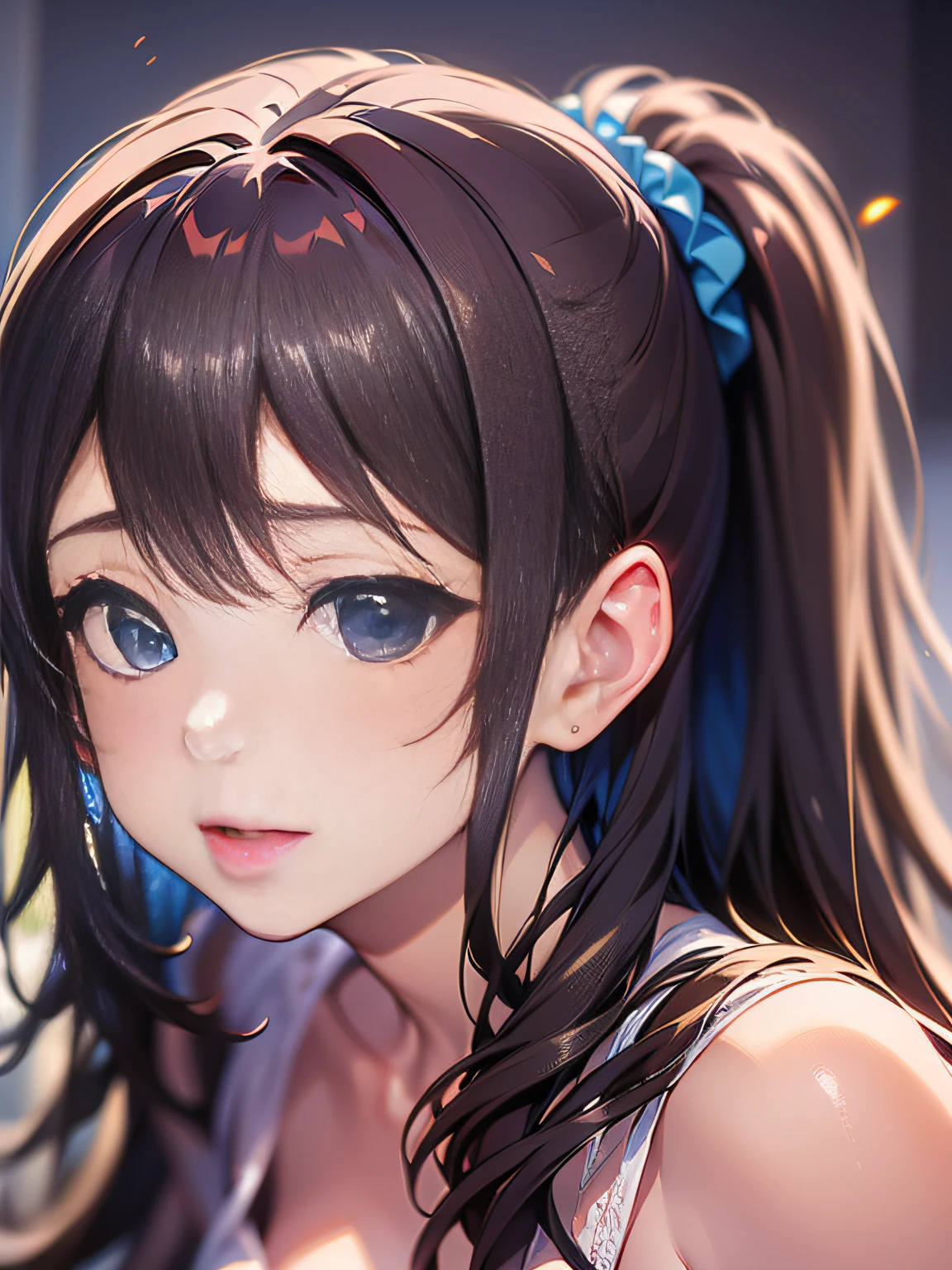 (in 8K、Raw photography、top-quality、​masterpiece:1.2)、Illustration Touch、ultra-detailliert、超A high resolution、1 girl in、dark brown  hair、azure eyes、poneyTail、Blue scrunchie、耳Nipple Ring、faces、Speciality、a smile