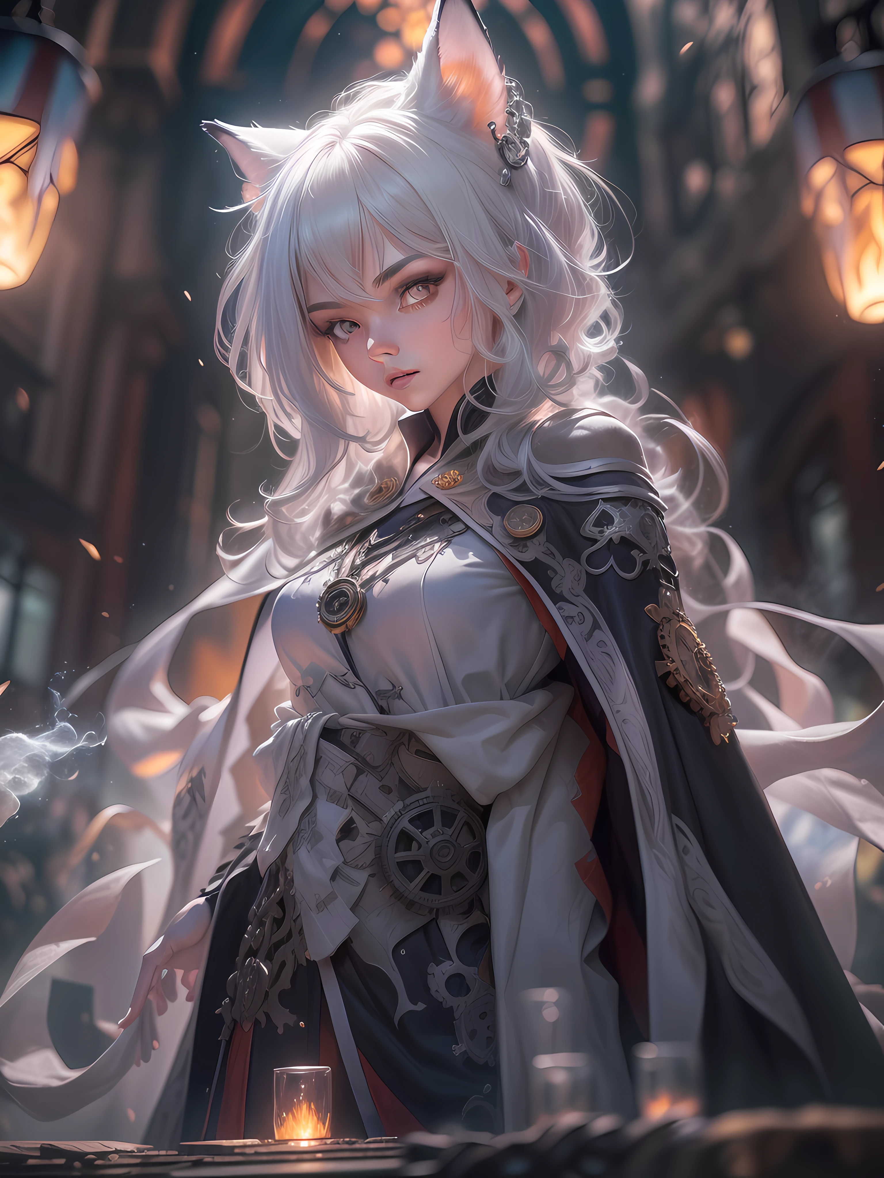 (1 japan girl, ember color fox ear, short silver hair,  (small breasts:1.3), (small head), pale skin, ((platinum hair color)), wearing cloth, wearing black cloak with gears (long robes, magical robes, technical wearing). dark church background, mechanism gears, industry technology, automaton, electric sparks cinematic atmosphere. ((amber eyes high quality, high quality face)), (extremely intricate robes, magical robes), Dynamic action poses in battle scenes, very complex and casting black flame, swirling fire, radiating power, smoke, magic black flame ((dramatic)), bokeh, gothic, ember particles, skulls and lit candles red glow, shadows, low camera angle, (detailed eyes:1.3), (detailed face:1.3), (perfect hands:1.3). realistic shadows, ultra detailed high resolution, sharp focus, depth of field, (Masterpiece:1.2) (photorealistic:1.2) (best quality) (intricate details) (High Poly) (Raytracing), (neutral colors:1.2), (hdr:1.4), (muted colors:1.2), hyperdetailed, (artstation:1.4), cinematic, cold lights, dramatic light, (intricate details:1.1), (teal and orange:0.4)", detailed background, (steam-punk theme:1.1) determined expression, floating lights.