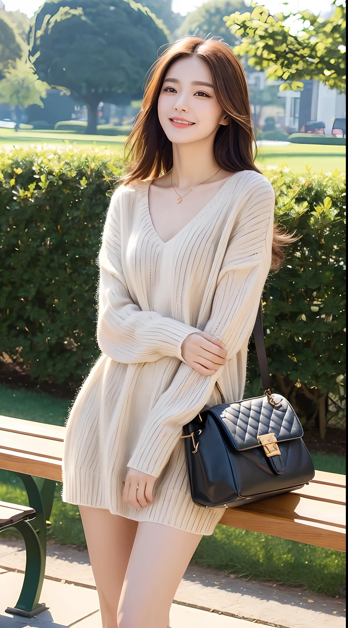 ((Best Quality, 8k, Masterpiece: 1.3)), Focus: 1.2, Perfect Body Beauty: 1.4, Buttocks: 1.2, ((Delicate Hair)), (Sweater Dress: 1.1), (park: 1.2), Highly detailed face and skin texture, Fine eyes, Double eyelids, Whitened skin, Smile, Wearing necklace, ring,branded bags, person walking on a park bench.