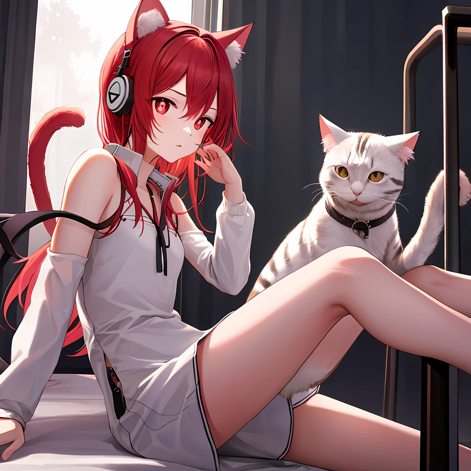 whaite hair,Red pupils,Short white dress,cat ear,Earphone