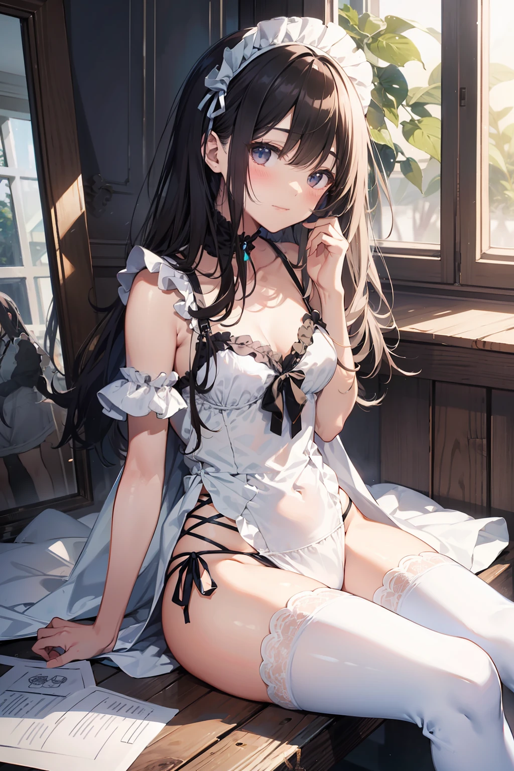 high-level image quality、top-quality、Detailed drawing、Does not blush cheeks、Slender adult beauty、maid clothes、White swimwear、Small eyes、knee high、Stockings、Medium chest、straight haired