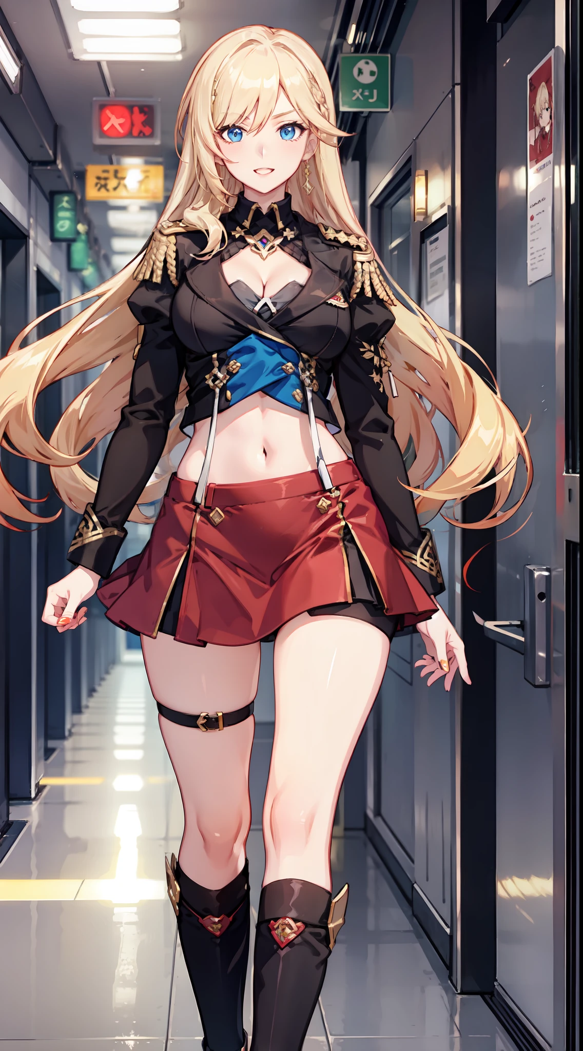 slim legs, cleavage, short skirt, navel, blue eyes, red soldier uniform, thigh high socks, stand, blonde hair, long hair, short skirt, durandal, happy, hallway