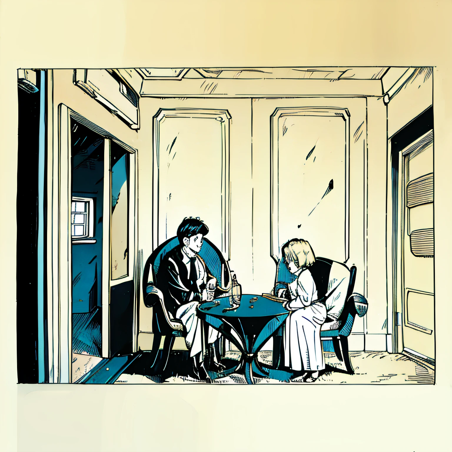60s of the last century,American comic book style,A mother,A son,In chat,inside in room,Dark filter,hyper-high detail