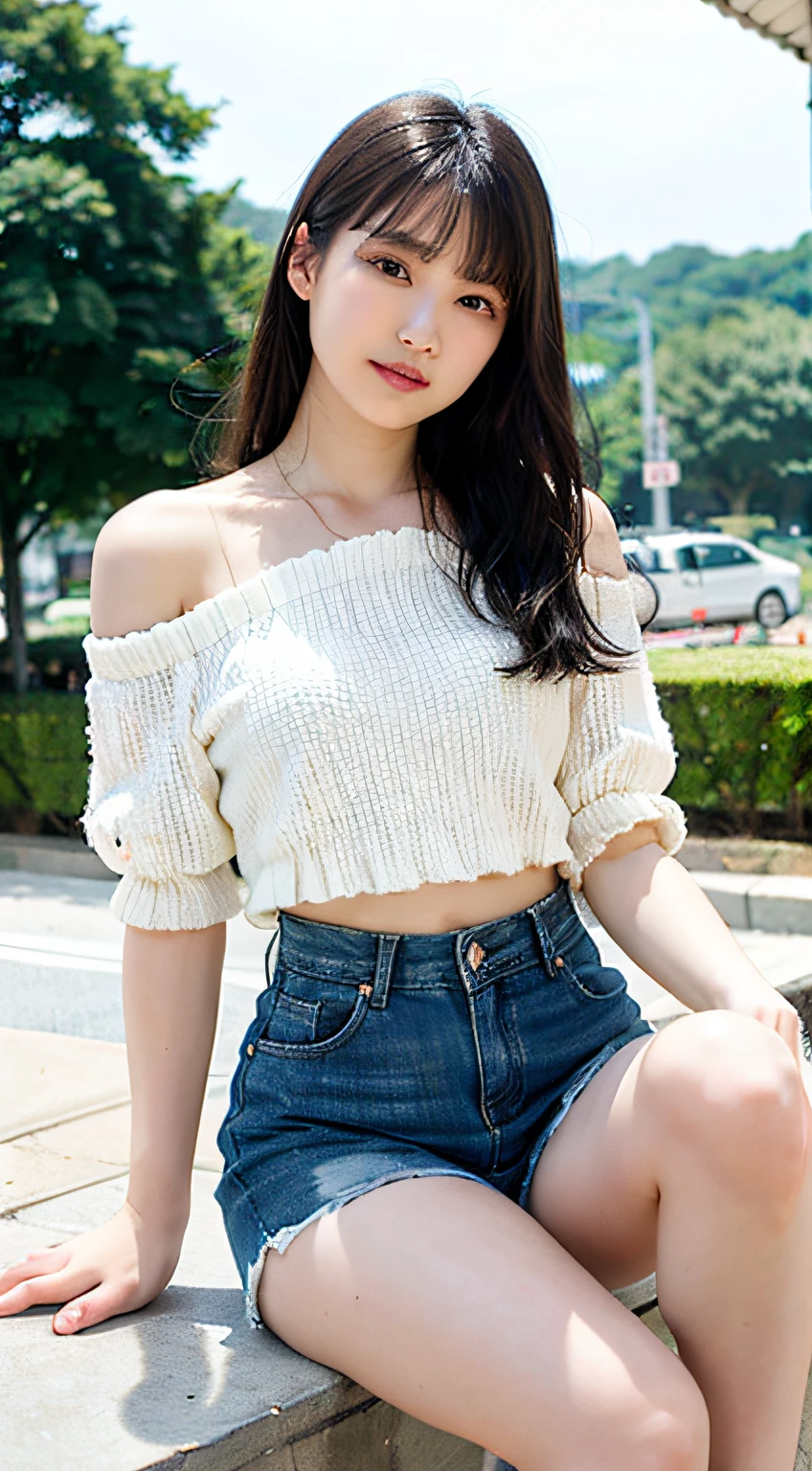 top-quality、女の子 1 a person、middlebreasts、tag、with light glowing、blur backgroun、bokeh dof、Open Cafe、A slender、natural make up、(a person々、Large crowds:1)、Tight sticky ivory colored crop top and denim shorts、(damage jeans:1.2)、(A slender:1.2)、a gorgeous、Wavy shoulder-length hair、Forehead:1.4)、Sareme、Beautiful sky with details、耳Nipple Ring、 (above knee:1.2)、Soft lighting、the wind、glowy skin、((Thin leg))、