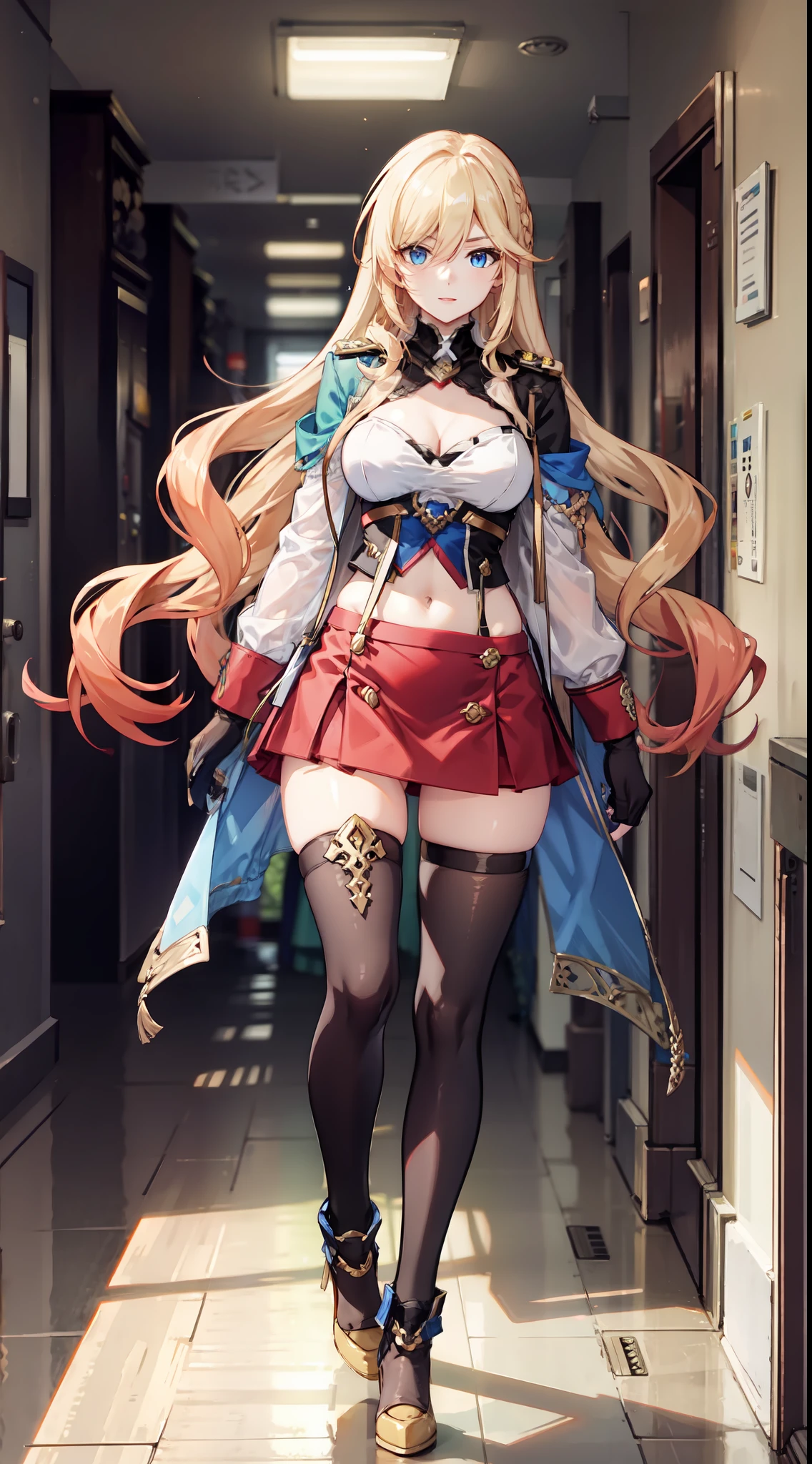 slim legs, cleavage, short skirt, navel, blue eyes, red soldier uniform, thigh high socks, stand, blonde hair, long hair, short skirt, durandal, happy, hallway