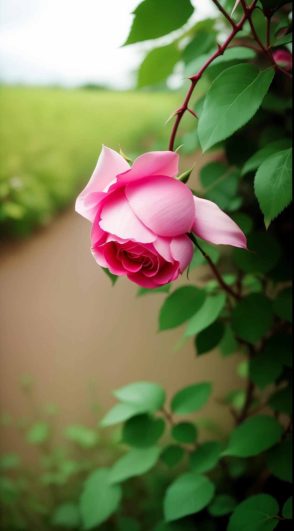 There is a pink rose growing in the bushes, shot with a canon 35mm lens, photo of a rose, taken with a pentax k1000, taken with a pentax1000, Two 5 mm ports, taken with kodak portra, rose twining, Pink rose, 35mm shot