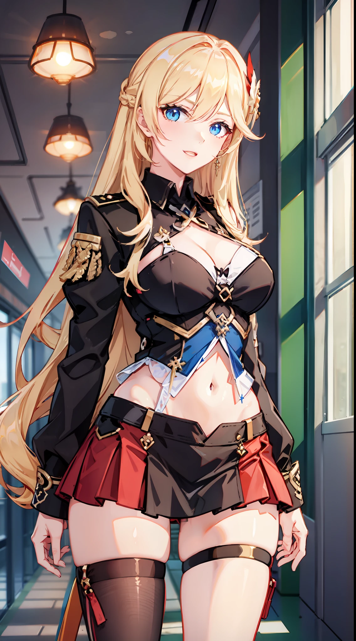 slim legs, cleavage, short skirt, navel, blue eyes, red soldier uniform, thigh high socks, stand, blonde hair, long hair, short skirt, durandal, happy, hallway