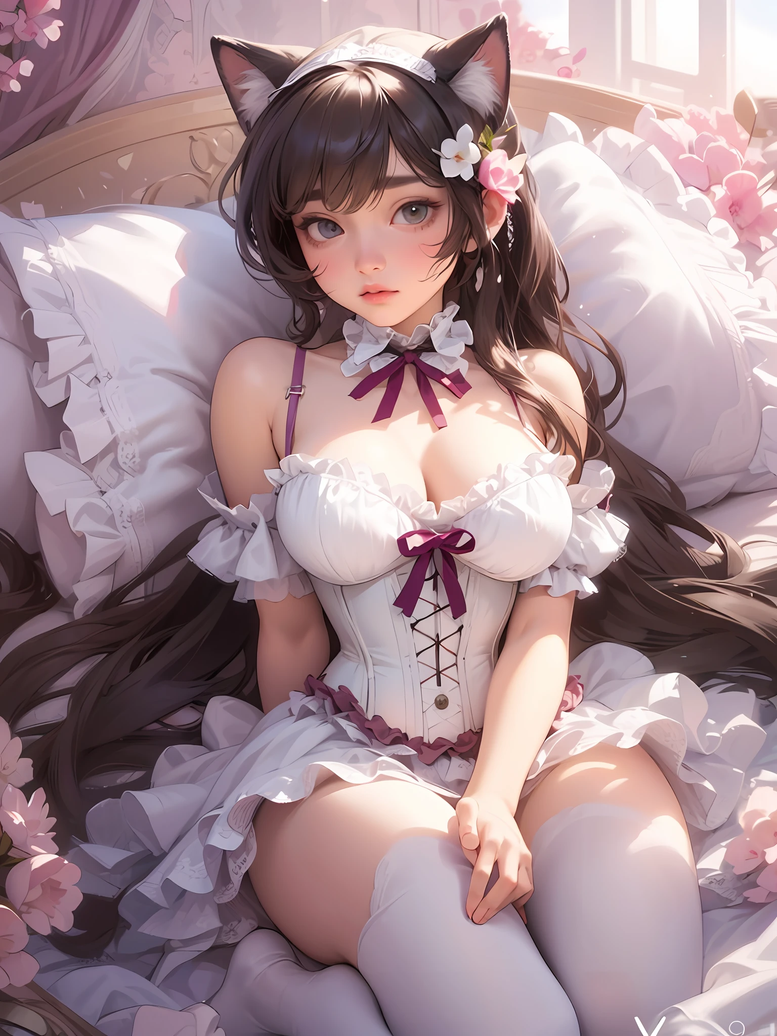 (Artwork of exceptional craftsmanship),(Detailed illustrations,(Very ideal anatomy),Very detailed and detailed drawing,Delicate lines with slow and rapid,(Realistic texture expression)),[Color tressed main line],[Strange bedroom background],[HENTAI ANIME] (JapaneseGirl (Beautiful shape) 15yo student [Luxury Girl] (cat ear ((plump)) (large chest with drooping,[wide areola]))),(Full body lingerie (Pure white corset) (Ribbon Ruffled Lace Fabric [lolita fashion])),[Realistic and glossy skin expression ([High humidity] (Soft body)),([sitting] [[boredom]] gravure),Transparency, soft ambient light,(Perfectly proportioned),(Fine and beautiful skin expression [realistic skin detail]),[Design built to the highest level,[Advanced structural understanding of materials],Ideal color coordination],(Intricate and beautiful decoration [Dense detail]),(More on shiny hair),[Perfect hand details [Beautiful Finger]],(Beautiful perfect face [Realistic face details]),[Clear gaze],[long and beautiful eyelashes],[Perfect eye details (Eyes beautifully drawn down to the smallest detail)],(detaileds,high-detail),([Precision Detail],[multi-layer texture],HighQuality,hight resolution),[(Accurate simulation of light-material interactions),Understanding Airflow,Mechanically correct representation],[Visual art that conveys a sense of narrative] [Full body like],[[Desaturation]].