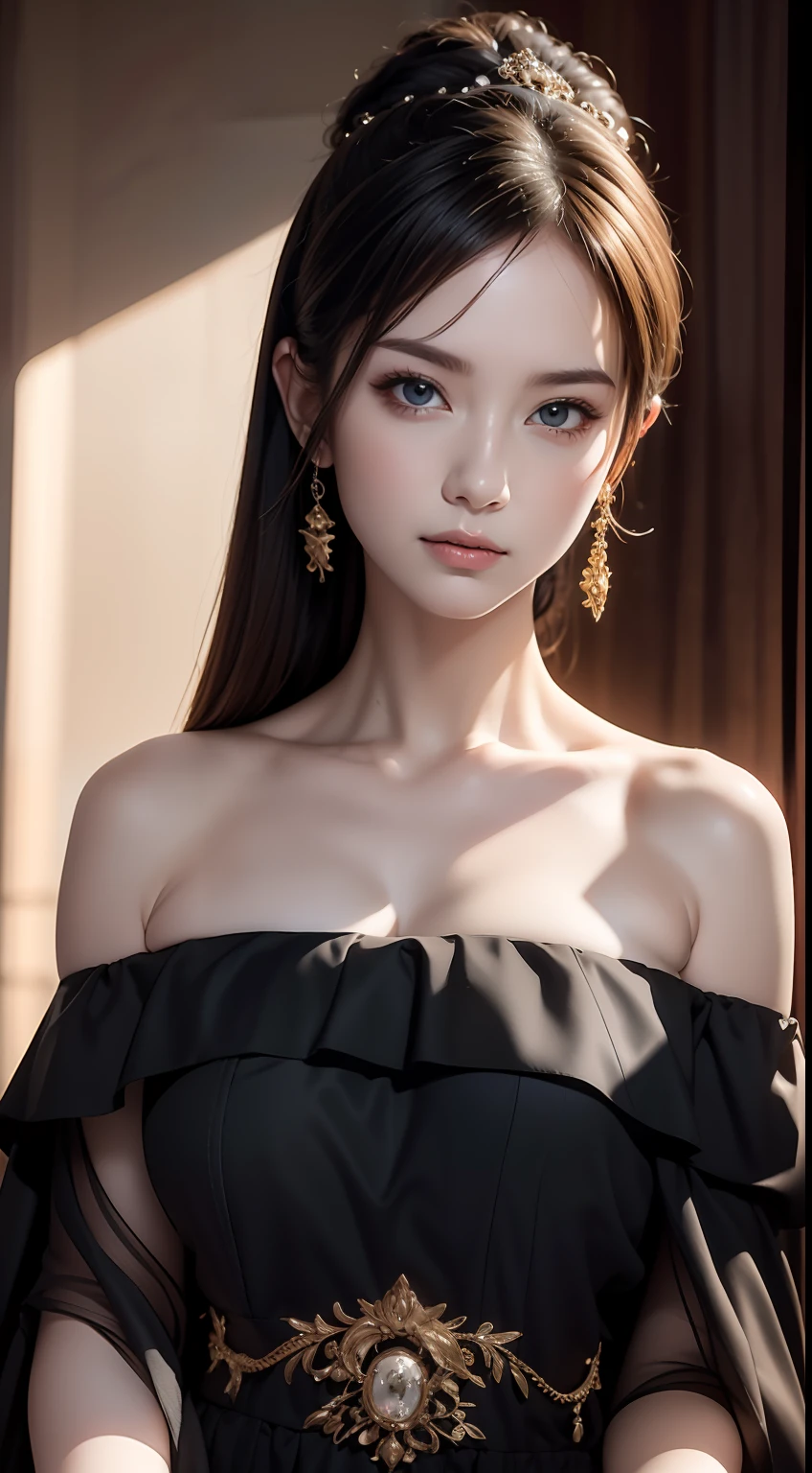 (masterpiece:1.2), (best quality), (ultra detailed), (8k,intricate), (lens 135mm,f1.8),(photorealistic)(black background:1.3),
portrait photography,(upper body:1.3),(off-shoulder),
side lighting,Rim lighting,best shadow,face light source,
perfect anatomy,	perfect face,perfect female body,first-rate female bodies,
Detailed skin texture, detailed cloth texture, detailed beautiful face,exquisitely detailed skin,highly detailed skin,pale skin,detailed hair,glistening skin,