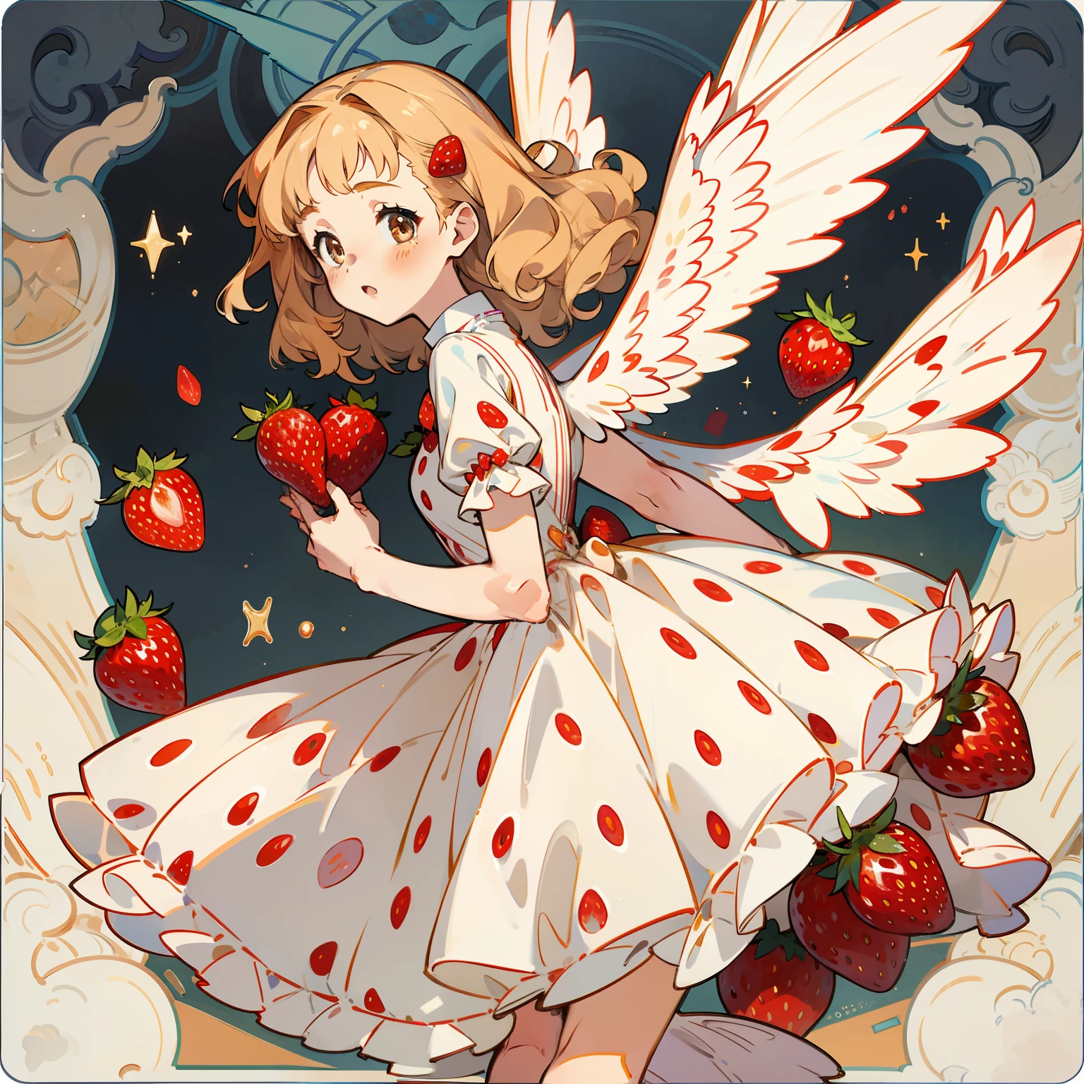 Beautiful strawberry sprite,Beige curls,cute beautiful,-yeld giA pair of transparent wings,Fruit strawberries in the background,She is in the middle of the fruit,Wearing a beautiful strawberry dress,