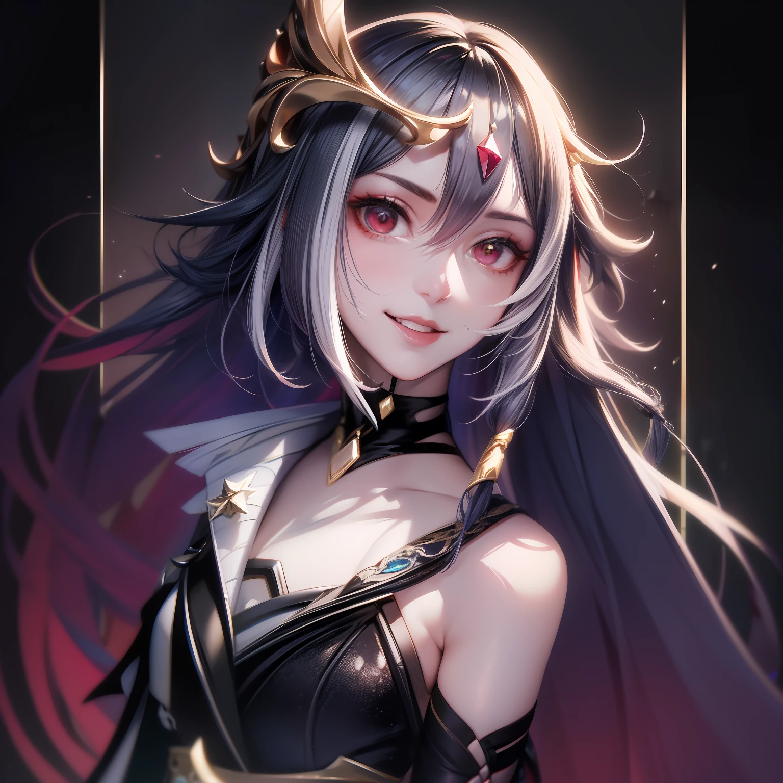 Best quality, Masterpiece, Ultra-detailed, Beautiful, A high resolution, Original, absurderes, Felt, 1girll, Solo, Long_Hair, Looking_at_peeping at the viewer, Smile,A bit obsessive-compulsive, bangs, Nero_Hair, Hair_decorations, Red_Eyes, Hair_between_Eyes, Chinese_clothes, uneven_Sleeves, :D, Simple background, White background, mitts, asymmetrical_Sleeves, Fingerless gloves, High quality, full body detailing, Golden ratio, RAW photo (Short straight black hair) (pale 20-year-old woman, short,head straight-looking at viewer, full bodyesbian, Perfect face, Amazing eyes, Vivid details, (skin with many details), (Dark), aurora, (Backlight: 0.5), Depth of field, Canon 5D, 50mm lens, f/4 aperture, (Super detail), Sharp focus, pastelcolor, 8K, consciousness, 8mm film food, War photography