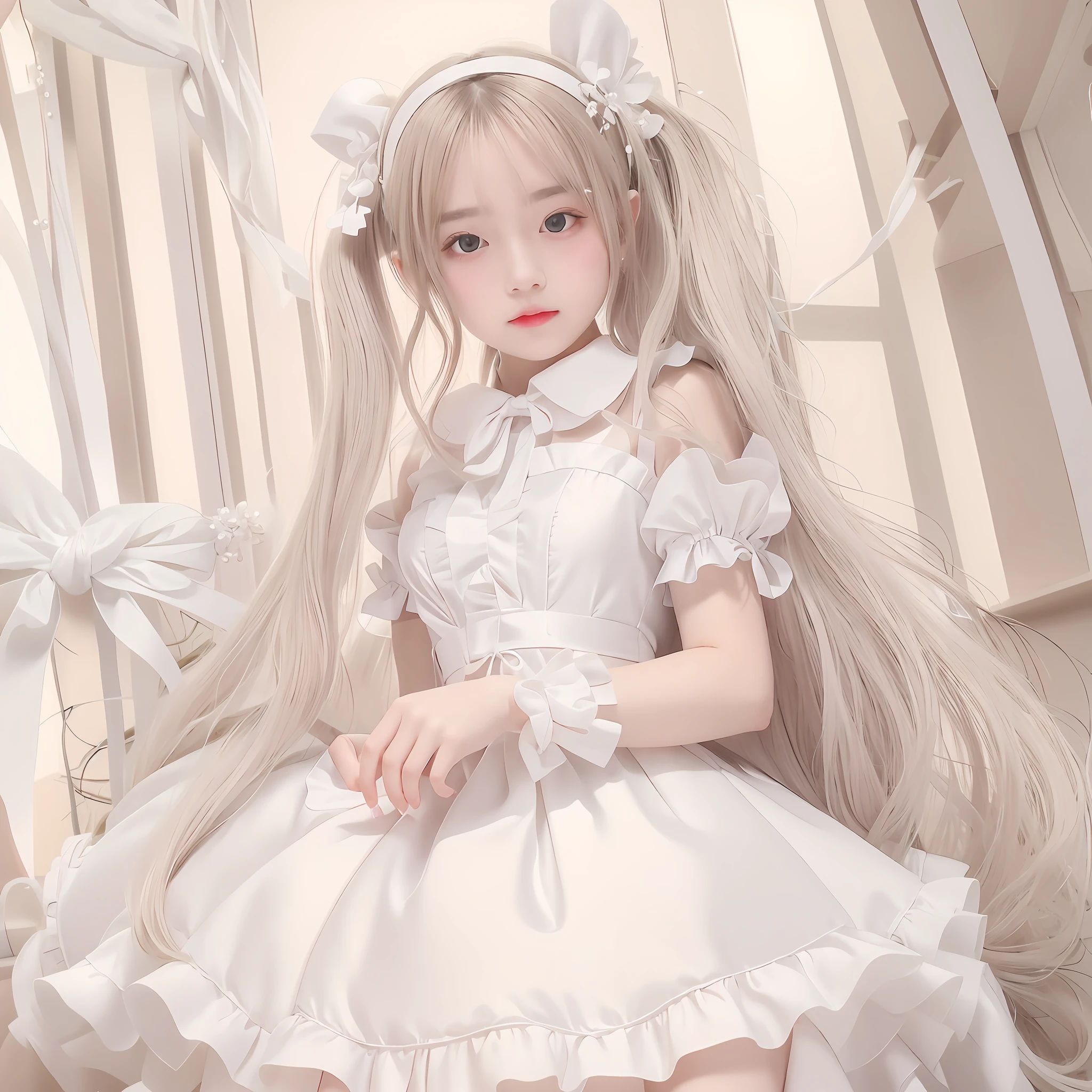 ​masterpiece, top-quality, 1girl in, 独奏, voxel art,
a white girl、
Ivory hair、Mauve eyes、disturbance、
ridiculously long hair、low twintails、
Cake dress、Trim Dresses、
bow ribbon、Plant Hair Ornament、pearls、arms  cuffs、
classic, medieval times, noble