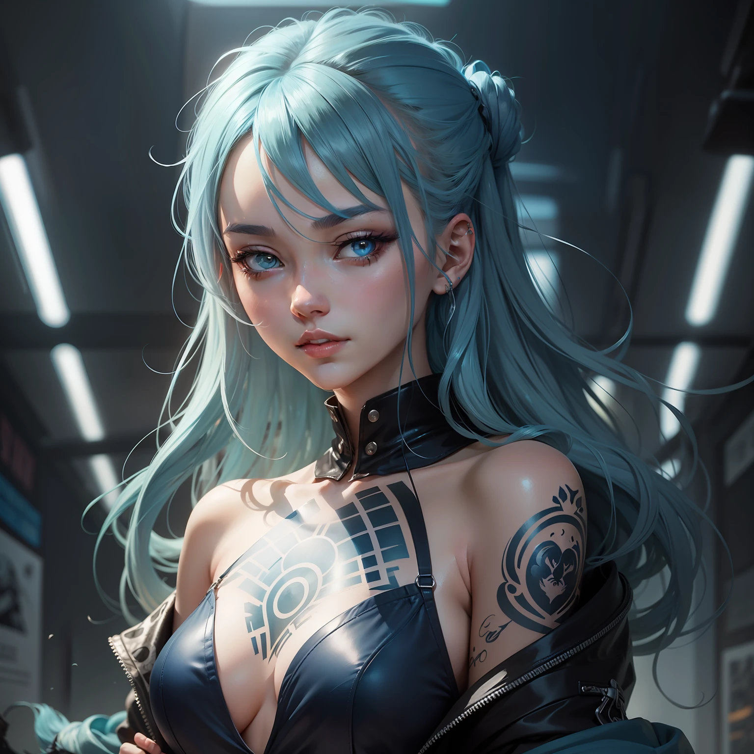 Ultra-high definition 2D art, close-up (1 woman), light blue hair, 2D animation style, soft and delicate depiction, attention also on her full-body tattoos (full-body art), landscape mode, masterpieces by Guweiz and James Jean, tattoo expert designs by CGSCOSITY, etc. A beautiful blue-haired girl who became a hot topic at the trend art station of Japan.