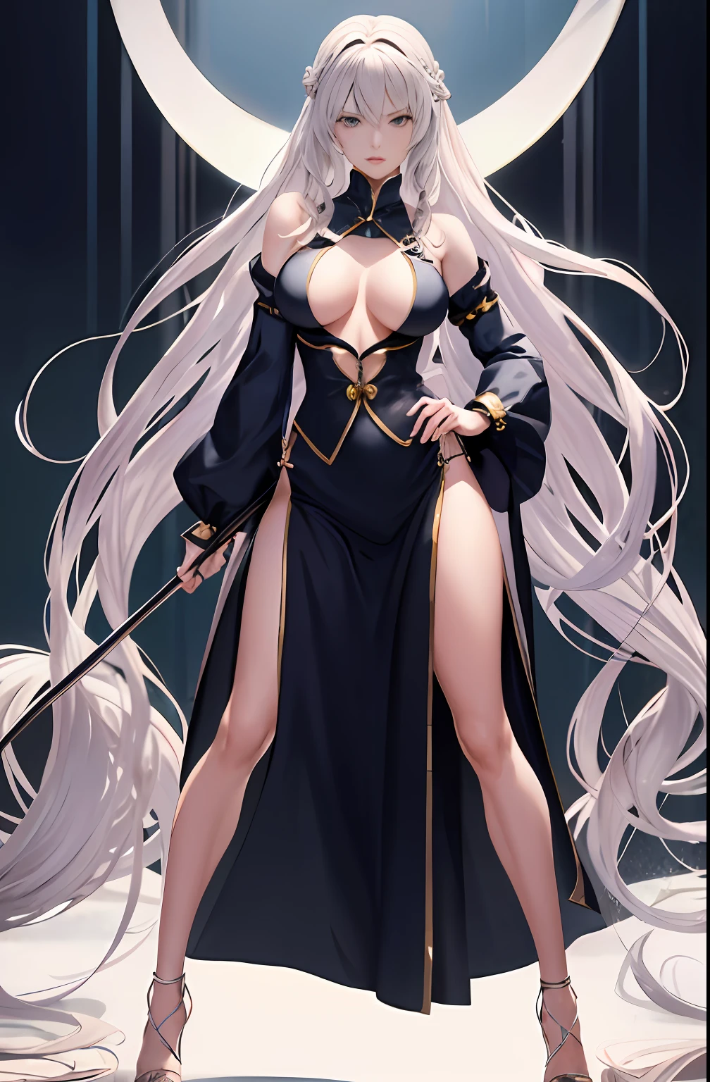 Master anime works,An impeccable masterpiece,8K picture quality: A full-fledged noblewoman was tied to a pillar,The legs are separated,solid color backdrop,Wear cool sexy clothes,Female boss,Flowing silver hair,Full-body standing,Slender legs,Straight breasts,Detailed facial details,Naturally beautiful standing,Vivid and authentic body details