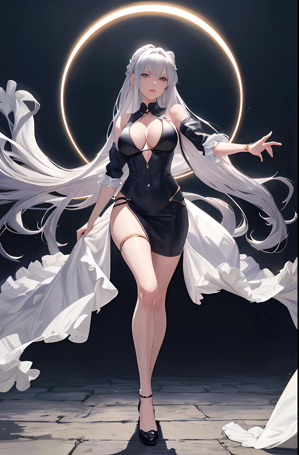 Master anime works,An impeccable masterpiece,8K picture quality: A full-fledged noblewoman was tied to a pillar,The legs are separated,solid color backdrop,Wear cool sexy clothes,Female boss,Flowing silver hair,Full-body standing,Slender legs,Straight breasts,Detailed facial details,Naturally beautiful standing,Vivid and authentic body details