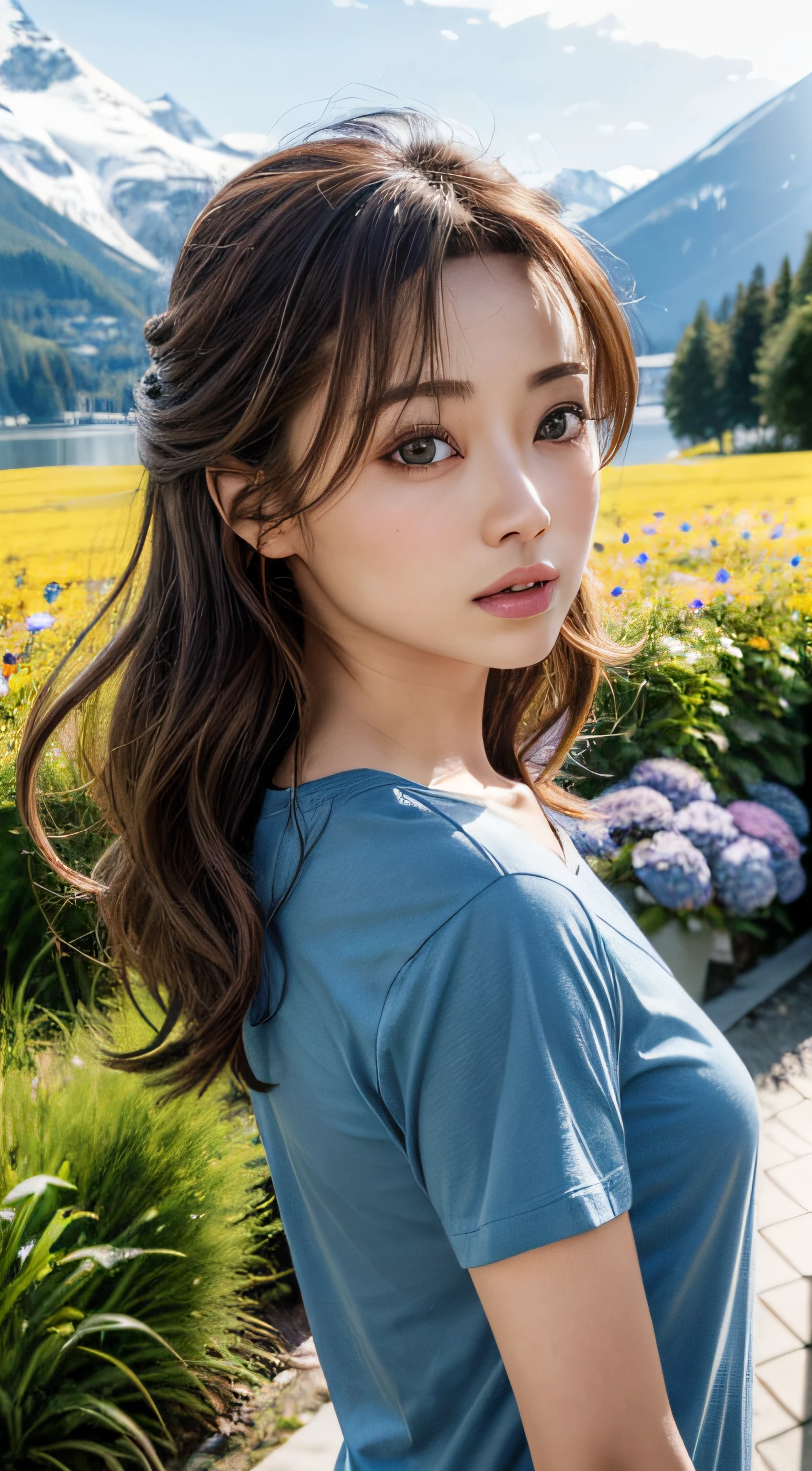 doress、(Photorealsitic:1.4)、(hyper realisitic:1.4)、(realisitic:1.3)、(Smooth lighting:1.05)、(Improved lighting quality in movies:0.9)、32K、1girl in、20 years girl、Realistic lighting、Back lighting、Facial light、raytrace、(brightened light:1.2)、(enhanced quality:1.4)、(Top quality real texture skins:1.4)、finely eye、finerly detailed face、Fine quality eye、(Tired, sleepy and satisfied:0.0)、 close up of face、tshirts、(enhance body line mood:1.1)、(Increase the beauty of skin texture:1.1)、((Aya Ueto))、Switzerland、lake、the Alps、flower field