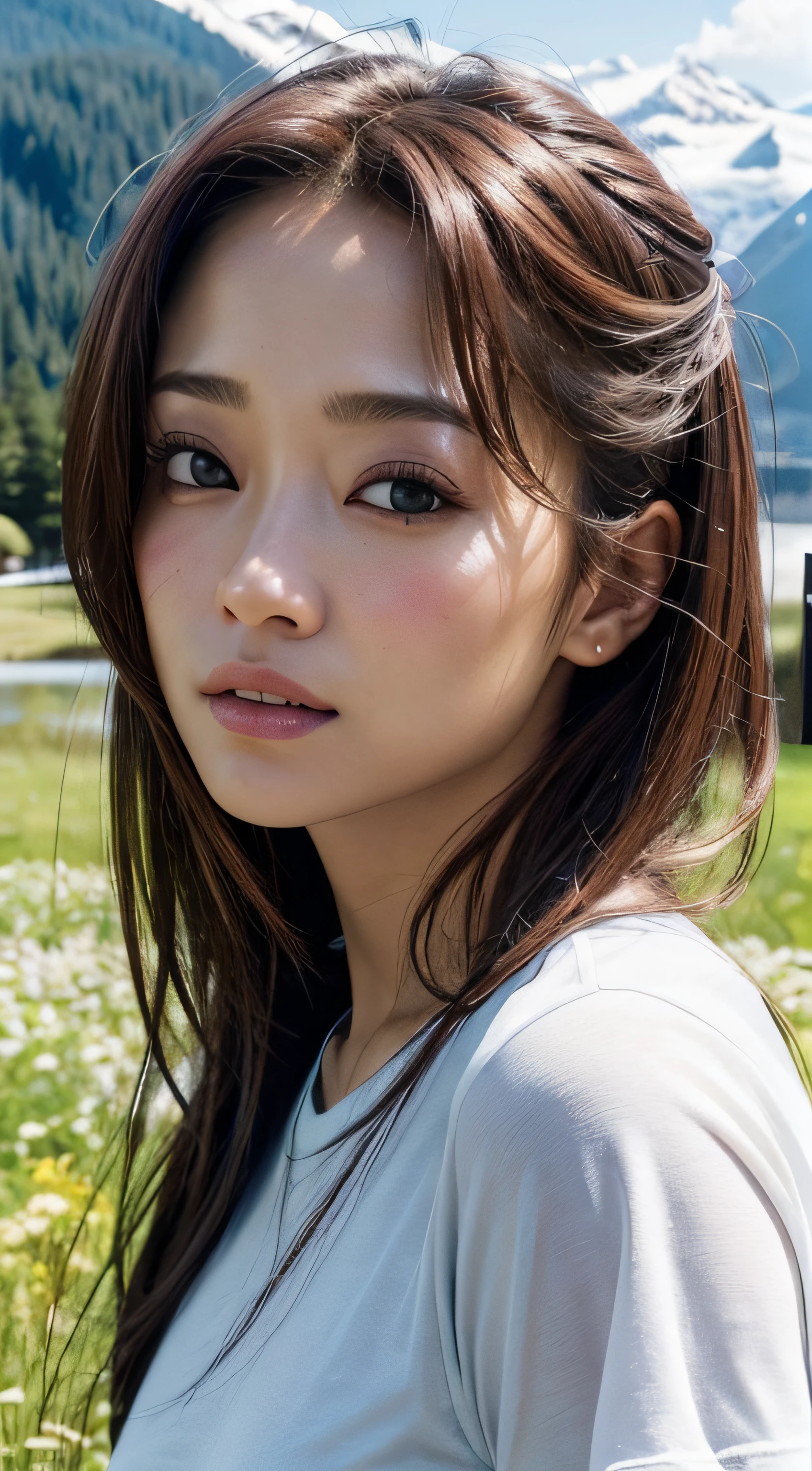 doress、(Photorealsitic:1.4)、(hyper realisitic:1.4)、(realisitic:1.mooth lighting:1.05)、(Improved lighting quality in movies:0.9)、32K、1girl in、20 years girl、Realistic lighting、Back lighting、Facial light、raytrace、(brightened light:1.2)、(enhanced quality:1.4)、(Top quality real texture skins:1.4)、finely eye、finerly detailed face、Fine quality eye、(Tired, sleepy and satisfied:0.0)、 close up of face、tshirts、(enhance body line mood:1.1)、(Increase the beauty of skin texture:1.1)、((Aya Ueto))、Switzerland、lake、the Alps、flower field