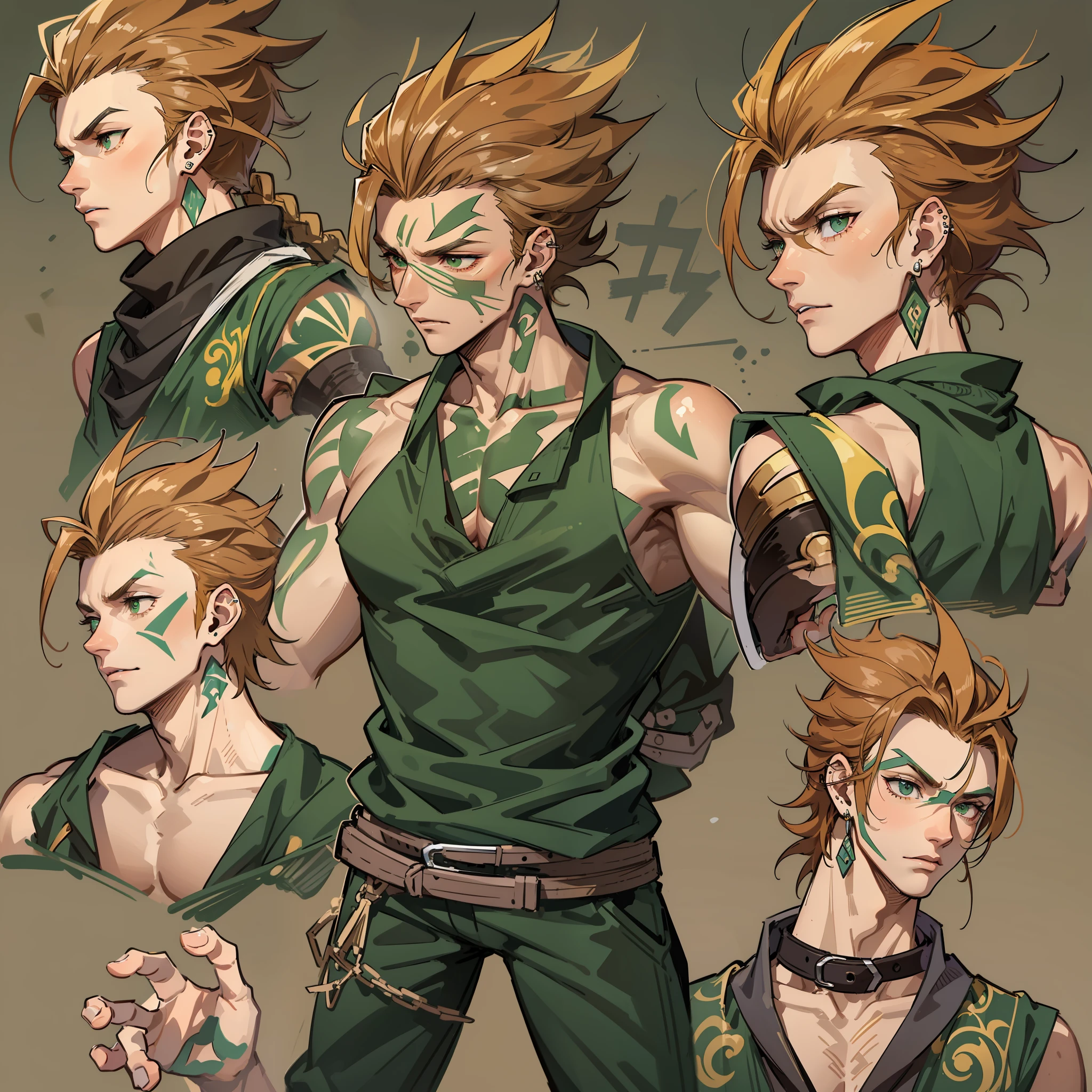 tall and muscular young man, standing at 6’2". He has sandy brown hair that is styled in a short, spiky manner. His piercing green eyes are filled with determination and a hint of mischief. Renji has a few subtle scars on his face, giving him a rugged and battle-hardened appearance. He has a strong jawline and a faint stubble, adding to his rugged charm.

Renji wears a black sleeveless ninja attire with intricate silver patterns that resemble lightning bolts, symbolizing his lightning nature affinity.