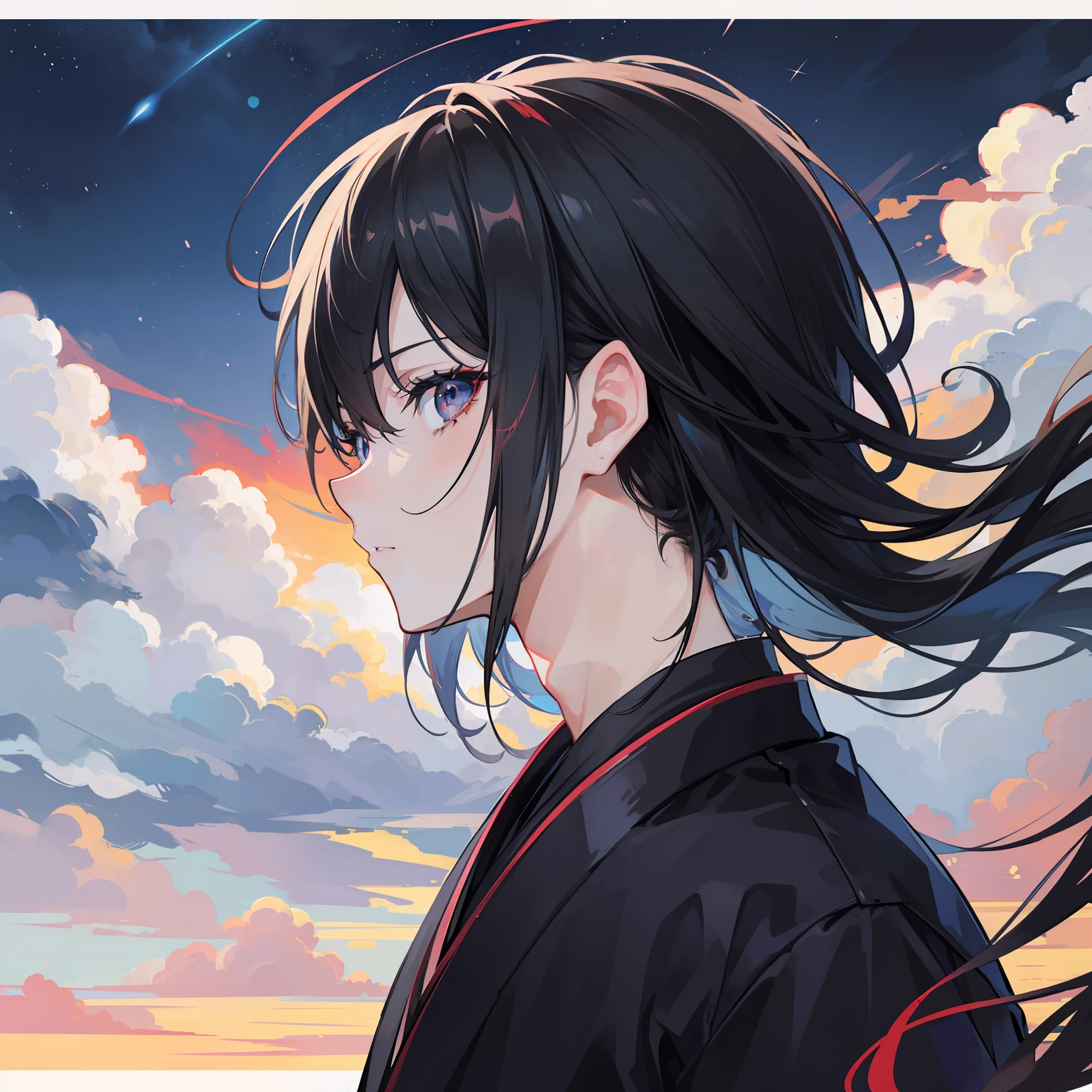 masutepiece, Best Quality, Ultra-detailed, Extremely detailed, 4K, 8K, Best Quality, Beautiful, Illustration, Anime style, Upper body, In the Middle, face in profile, Night, a handsome man, man, Solo, Samurai costume, Samurai, Beautiful black hair, Beautiful Eyes 1, Cool, cloudy, cloud,background starry sky