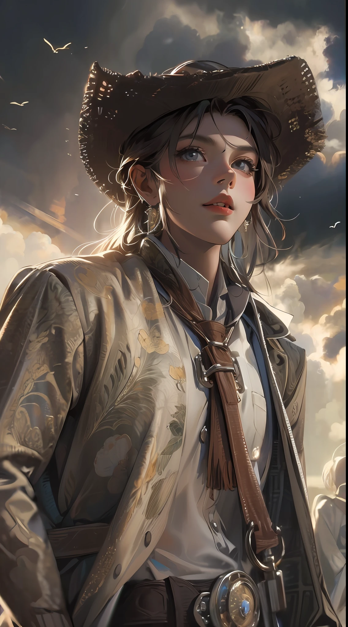 (masterpiece, best quality:1.4), cowboy shot, looking at viewer, sunlight, cloudy sky,