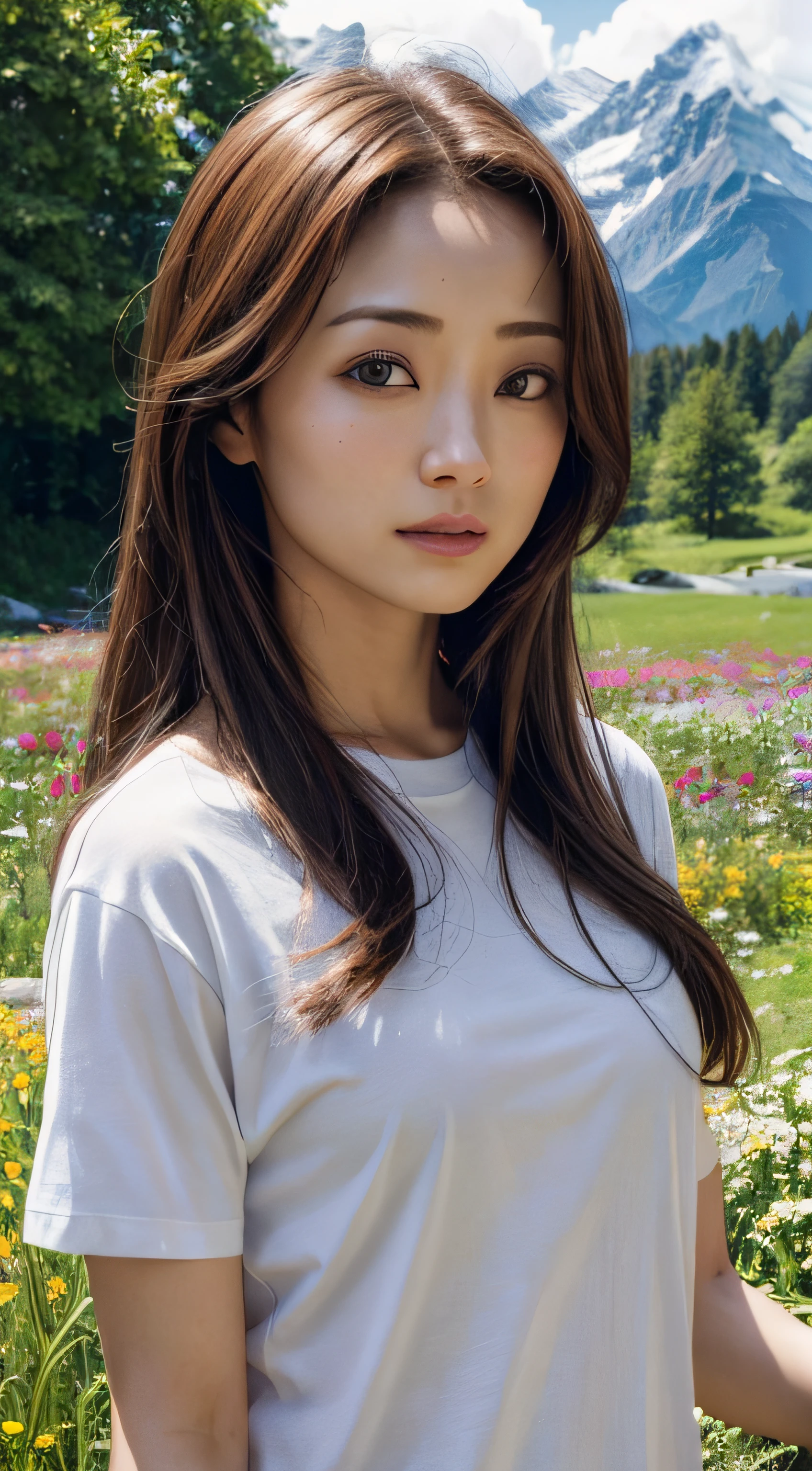 doress、(Photorealsitic:1.4)、(hyper realisitic:1.4)、(realisitic:1.3)、(Smooth lighting:1.05)、(Improved lighting quality in movies:0.9)、32K、1girl in、20 years girl、Realistic lighting、Back lighting、Facial light、raytrace、(brightened light:1.2)、(enhanced quality:1.4)、(Top quality real texture skins:1.4)、finely eye、finerly detailed face、Fine quality eye、(Tired, sleepy and satisfied:0.0)、 close up of face、tshirts、(enhance body line mood:1.1)、(Increase the beauty of skin texture:1.1)、((Aya Ueto))、Switzerland、lake、the Alps、flower field