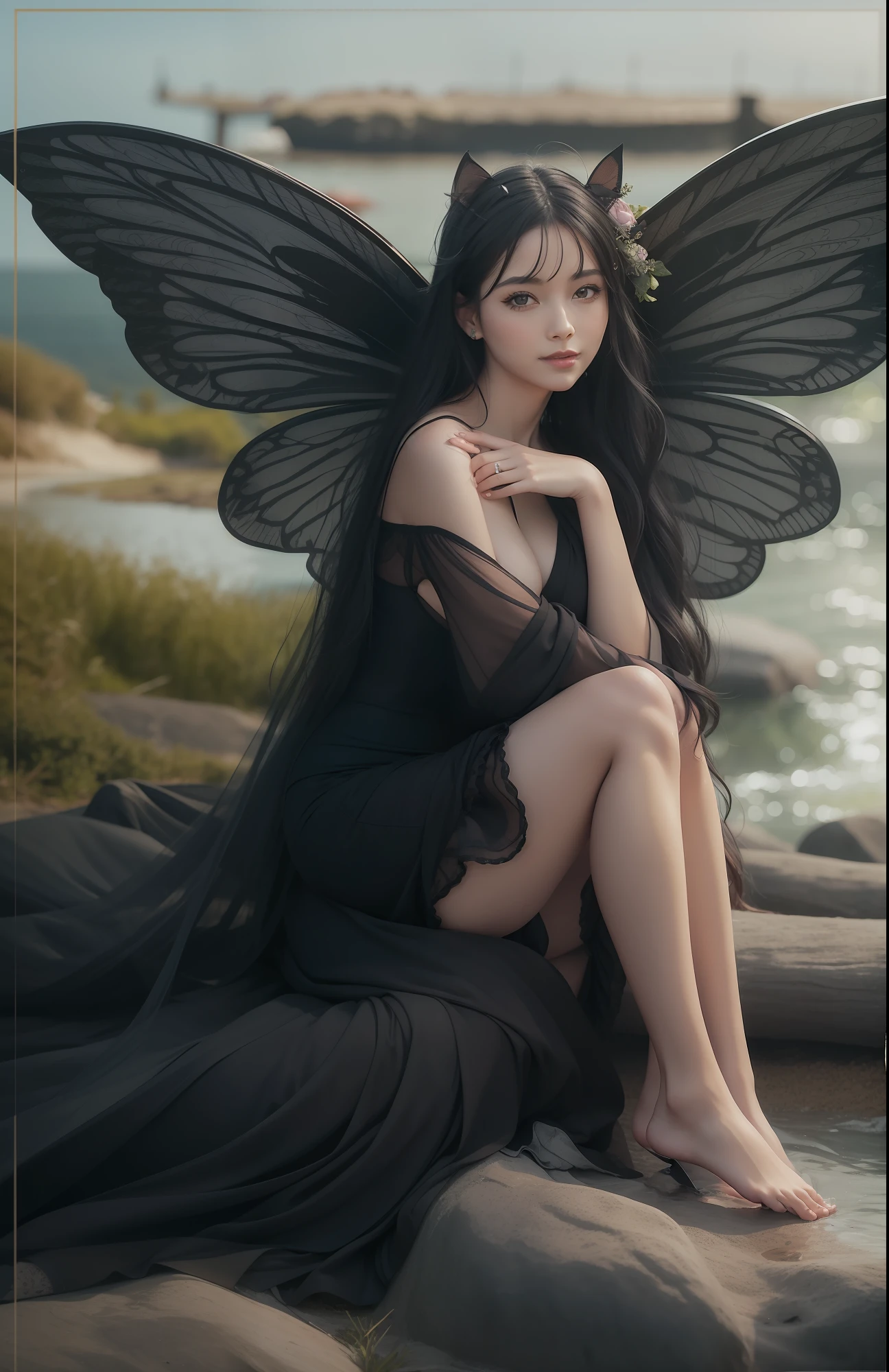 Black cat anthropomorphic fairy、being thin、Photo of a gorgeous 20-year-old Finnish fairy wearing (Black flowing dress:1.2) And (Delicate fairy wings:1.2), Grinning, (looking in camera:1.1), (Sateen:1.1), On the beautiful seaside:,, masutepiece, Barefoot, (Natural lighting:0.8), 8K, ((Realistic)), F/1.1, , the woods、covering the navel、hiding breast、Hide legs、(Curvaceous)femele(flawless skin:1.11)And(teats:1.1)、A smile、full body Esbian、Beautiful standing figure、Sea Fairy