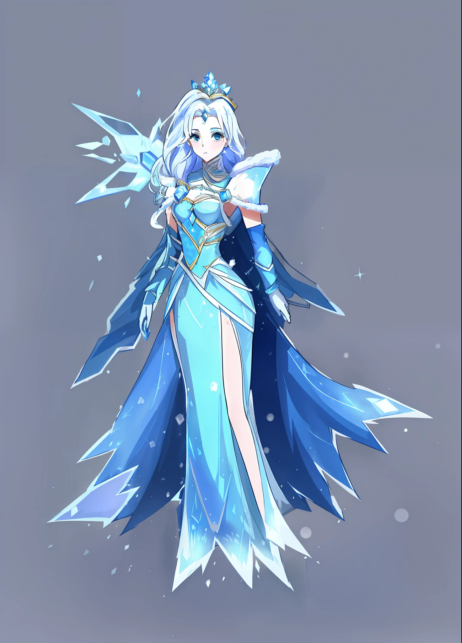 a woman in a blue dress and a crown is standing in front of a frozen waterfall, queen of ice and storm, ice sorceress, ice queen, queen of winter, goddess of winter, a beautiful fantasy empress, emma watson as the queen of ice, the ice queen, beautiful ancient frost witch, ((a beautiful fantasy empress)), ice crystal armor