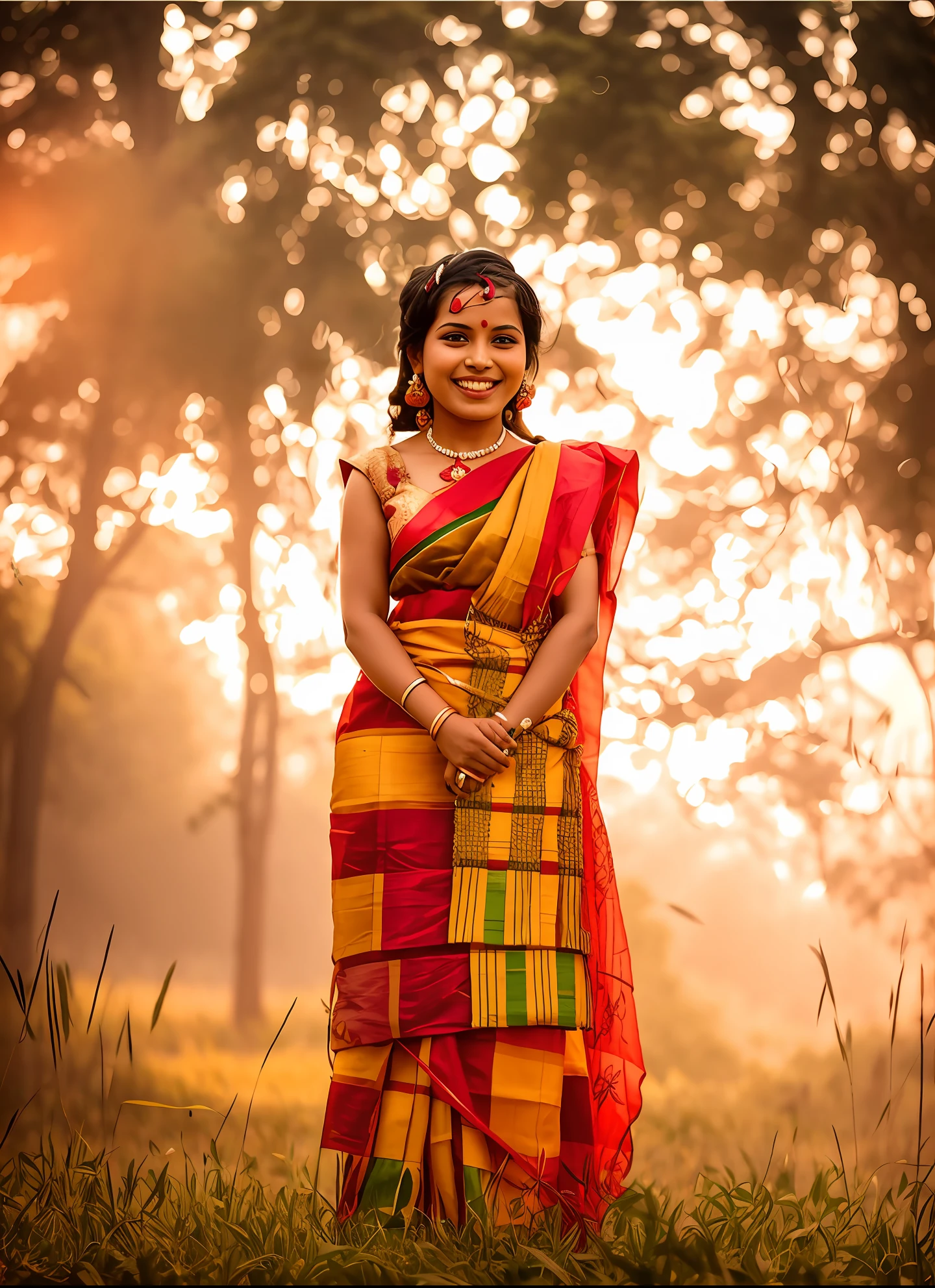 arafed woman in a sari standing in a field with trees in the background, wearing bihu dress mekhela sador, indian girl with brown skin, dressed in a sari, radiant smile. ultra wide shot, joyful look, with a beautifull smile, traditional beauty, beautiful and smiling, assamese aesthetic, assamese, with a happy expression
