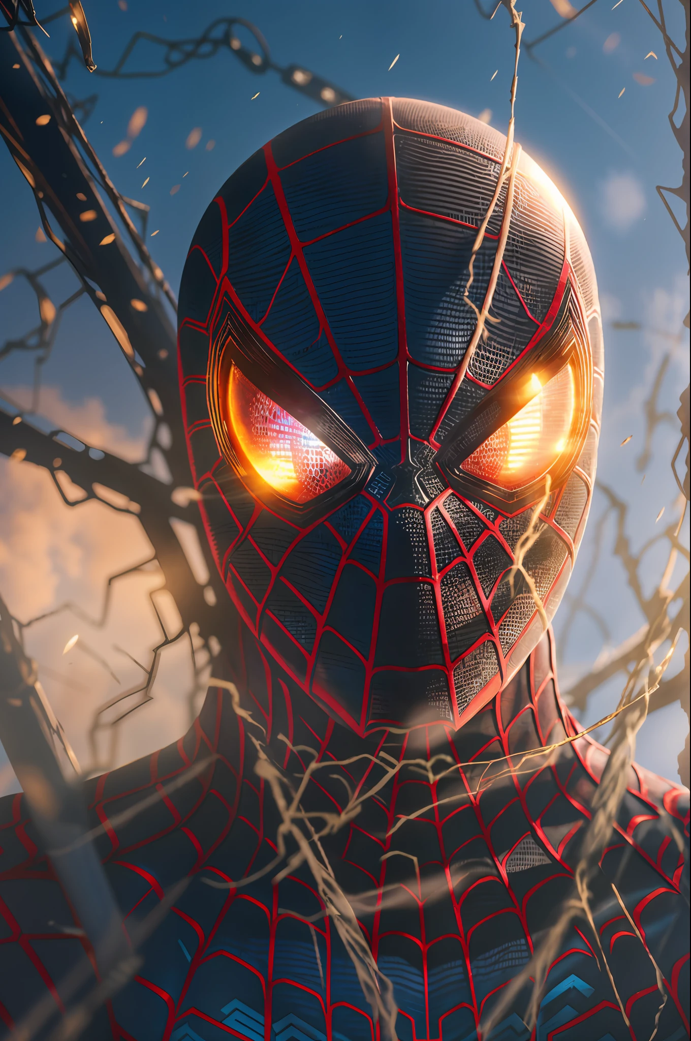 Spider-Man bright, golden, reflective eyes, sun, blue sky,
diffuse lighting,
best quality, masterpiece,
digital painting, 8K, artstation, intricate details, electrical discharges, mist, masterpiece