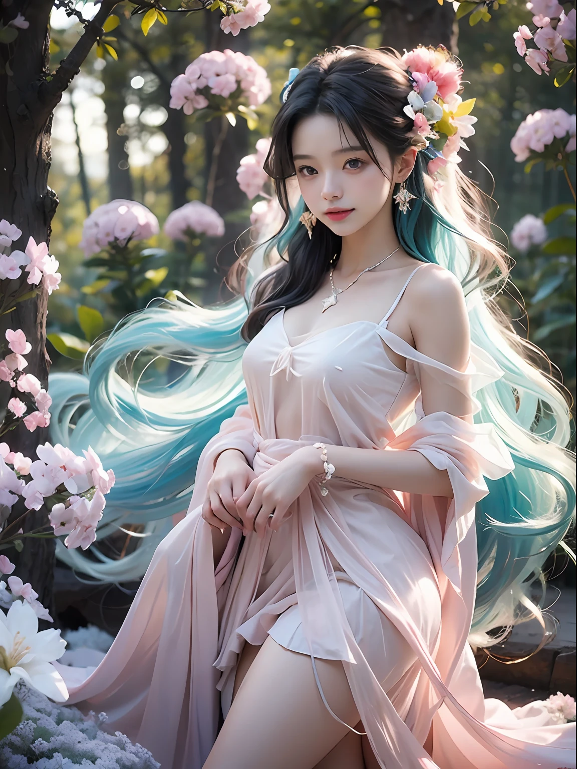 (fluorescent colours:1.4),(Translucent:1.4), (fantasy:1.4), aethereal,Soft fluffy,Soft landscape,ln the forest ,snowflower ,pastel pink ,blue colors ,glittery ,Ethereal light ,soft ,Whimsical light ,Rainbow stars, diamond sparkles ,Gemstone background, Ultra realistic super quality movie lighting,detail-rich, full HD painting ,well-illuminated, High and low dresses,realskin,1girll, Long hair,Extremely delicate skirt,ssmile,Raised sexy,